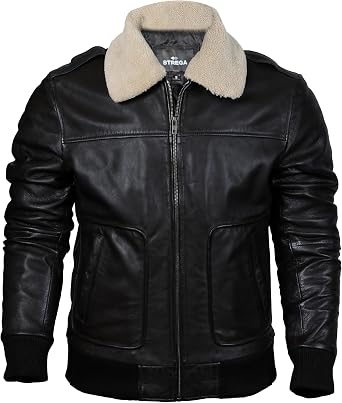 STREGA Men's Leather Bomber Aviator Jacket Top Grain New Zealand Lambskin Leather with Diamond Quilted Lining