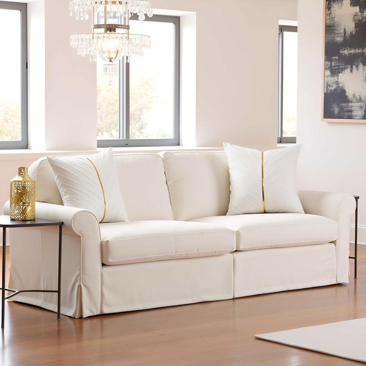 White 20x20 Pillow Cover Pack of 2 Soft Velvet Throw Pillow Covers with Gold Leather Decorative Couch Pillow Cover Luxury Modern Pillowcases Spring Summer Home Decor for Sofa Bed Living Room