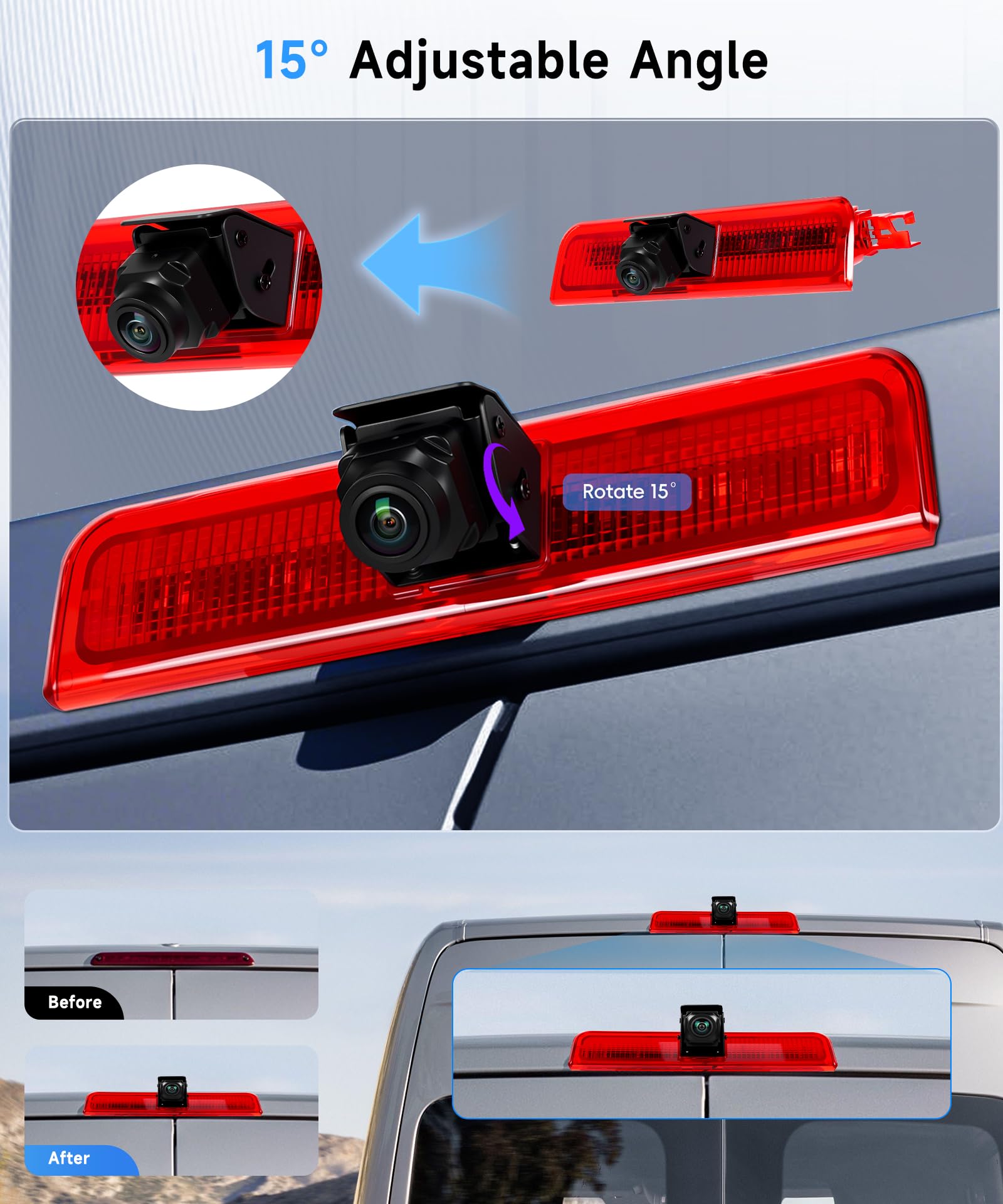 Hodozzy Telecamera Posteriore Per VW Caddy 2003-2015 – Terza Luce Di Stop Con Visione Notturna IR, IP67, Angolo 140° Regolabile, Linee Di Retromarcia