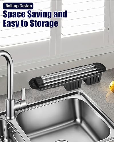 Miniatura 2 de CLNGAI Escurridor de platos enrollable, escurridor de platos extensible sobre el fregadero, estante de cocina de acero inoxidable con soporte para