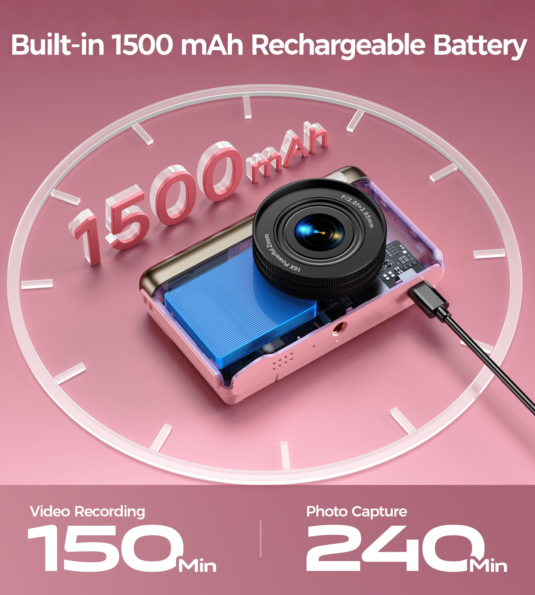 Macchina Fotografica Digitale 4K 64MP: Ultra HD Fotocamera Digitale Compatta per Vlog con Flip 180° da 3" Videocamera con Zoom Digitale 16X per Bambini Adulti Studenti Rosa(Senza Scheda SD)