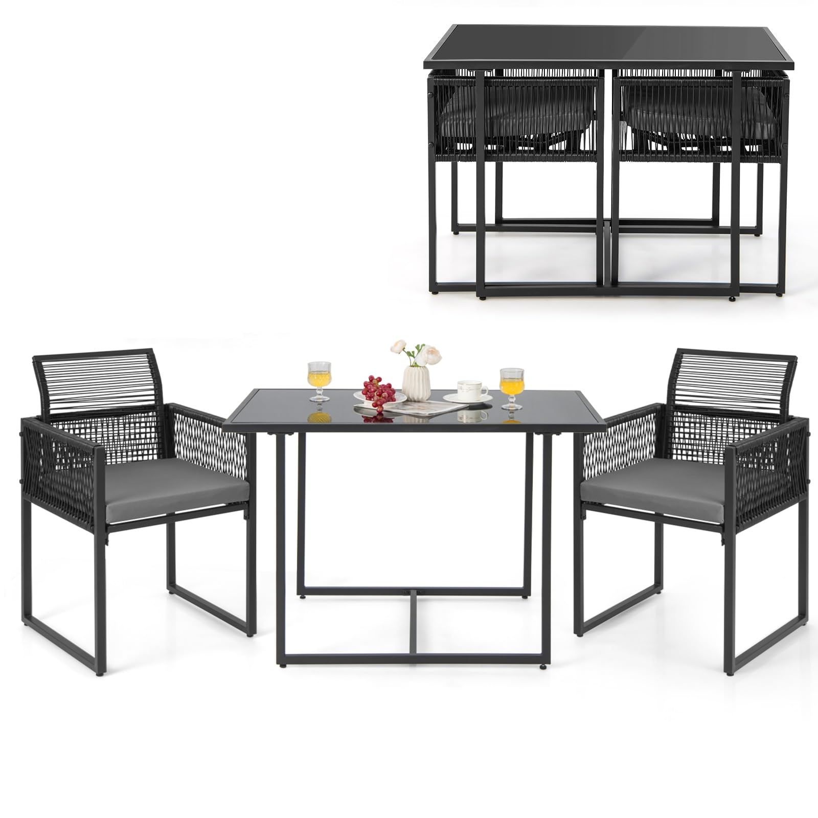 GIANTEX Set Mobili da Esterno a 3 Pezzi, 2 Sedie in Rattan Intrecciato con Schienale Pieghevole e Cuscini, Set Tavolo Rettangolare da Pranzo per Patio, Giardino e Balcone