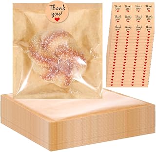 200 Pack Cookie Bags with Seal, Kraft Bags with Window 7.5x7.1", Heat Sealable & Grease Resistant Sandwich Bag, Cookie Packaging with Stickers, Pastry Bag for Treat, Donut, Cake Slice, Scone, Brownie