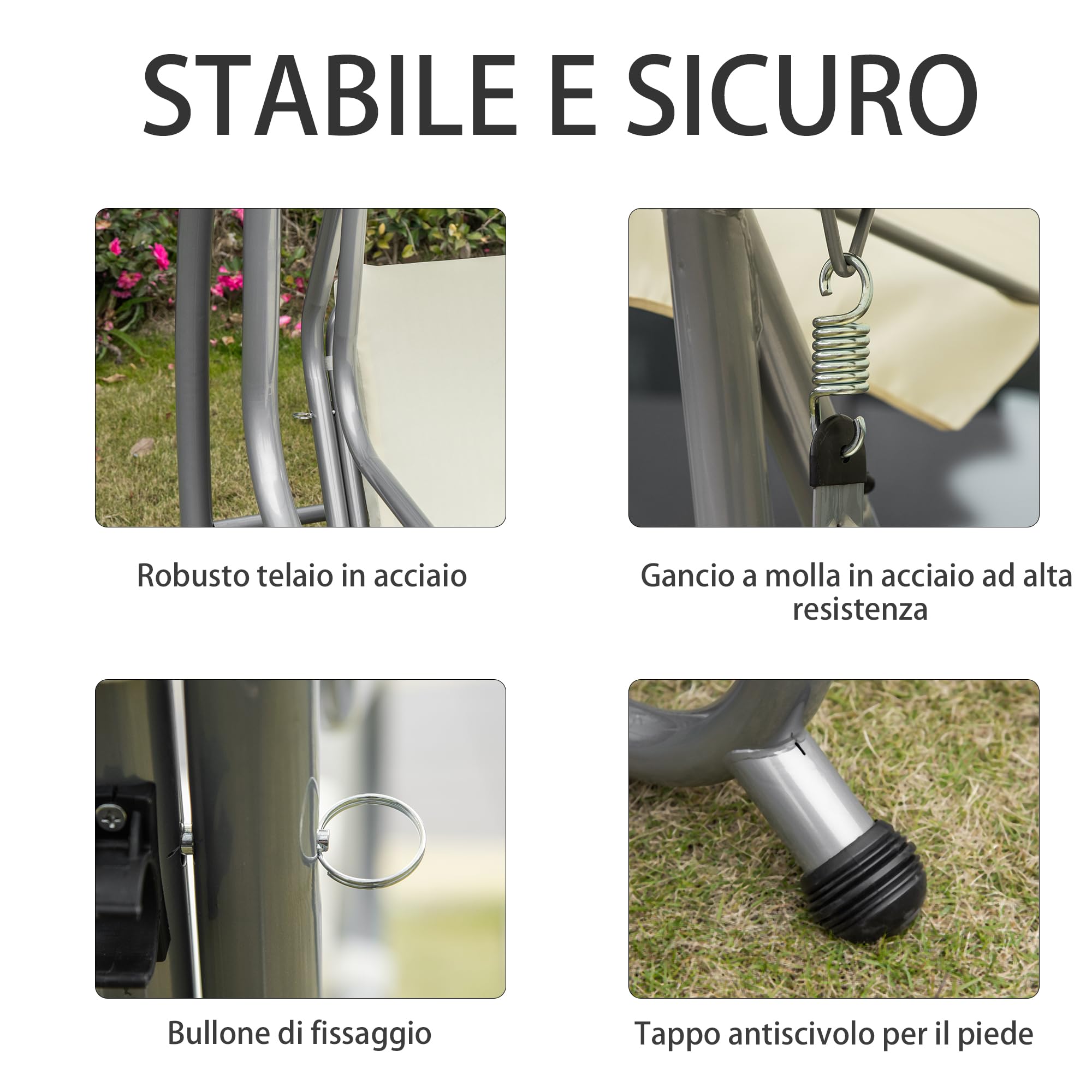 Outsunny Dondolo da Giardino convertibile in Letto a Dondolo, Dondolo 3 Posti in Acciaio e Poliestere con Tetto Regolabile e 2 Portabicchieri, 200x120x164 cm, Crema