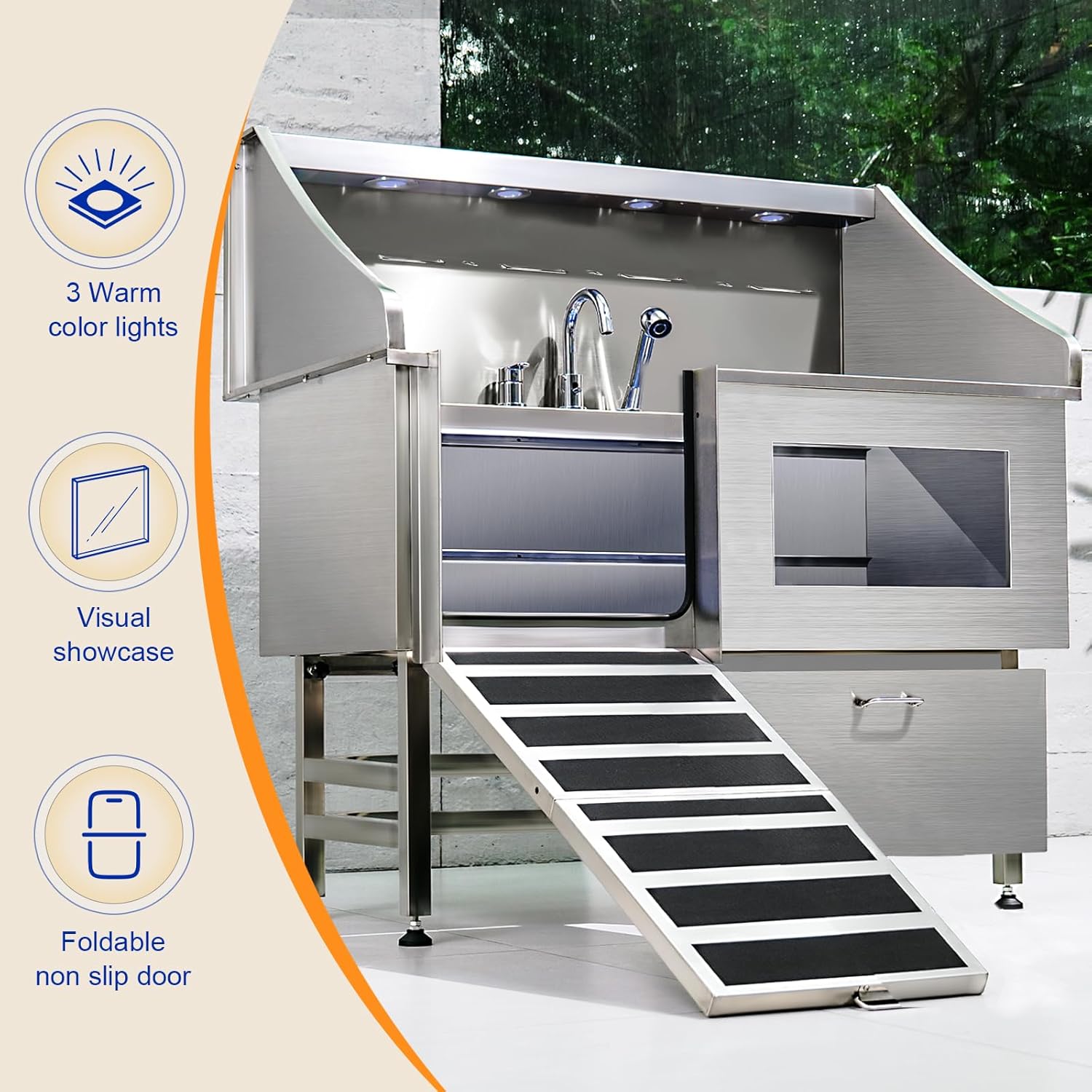 50" Stainless Steel Dog Grooming Station with Ramp and Drawer