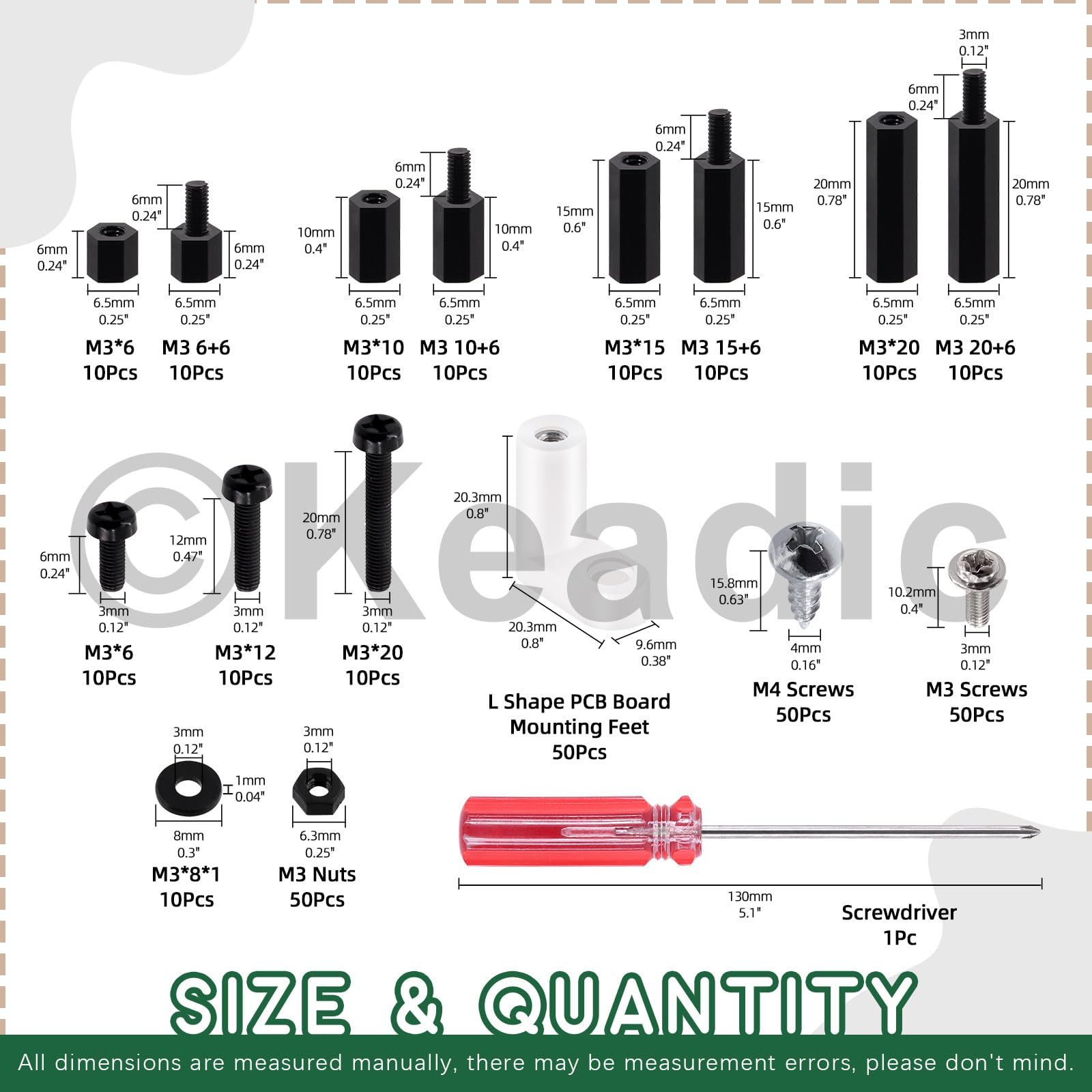 Keadic Kit Assortito Di 221 Schede Madri PCB M3, Contiene Distanziatori Esagonali In Nylon Maschio Femmina E Piedini Di Montaggio Isolati Per Circuiti A Forma Di L, Con Viti Per Il Fissaggio