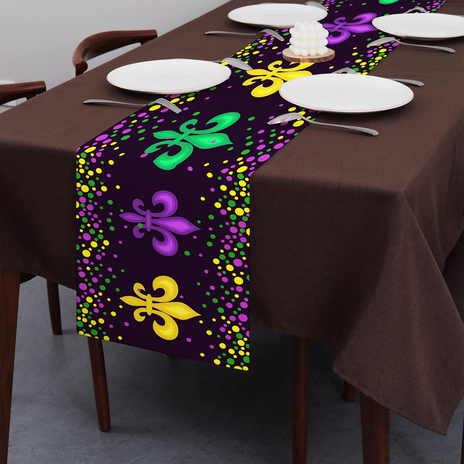 Mardi Gras Fleur De Lis Table Runner Carnival Purple Green Yellow Table Runners 72 Inches Long for Kitchen Dining Table Decoration Holiday Masquerade Party Indoor Outdoor Decor : Home & Kitchen