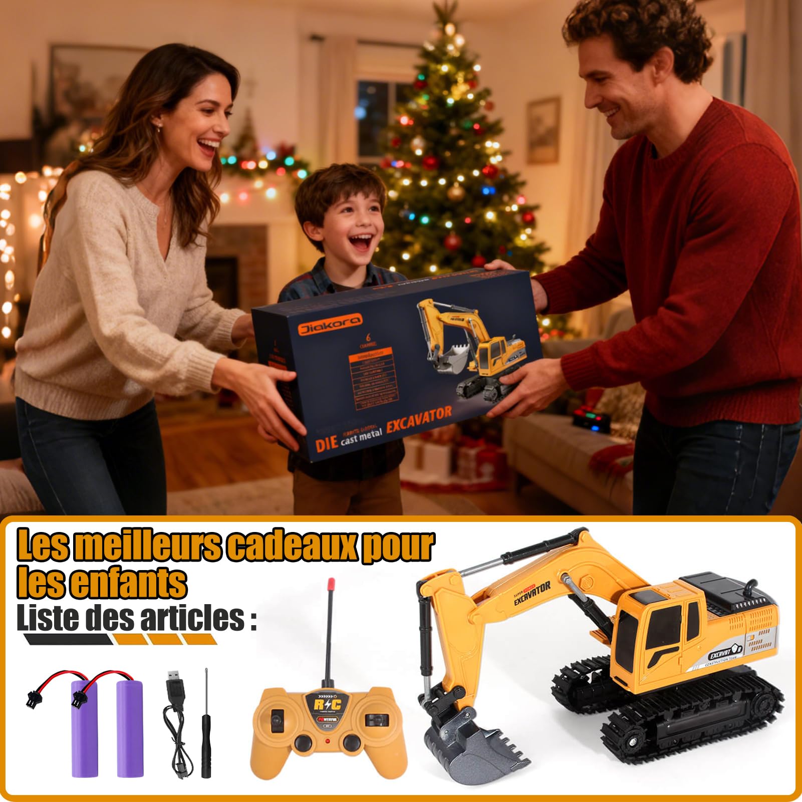 Jiakora Pelleuse Télécommandée pour Enfants, Pelleuses Radiocommandées avec Pelle en Métal, Pelleuse Jouets pour Garçons avec Lumières et Sons, Cadeaux Pelleuse pour Enfants de 4 à 8 Ans