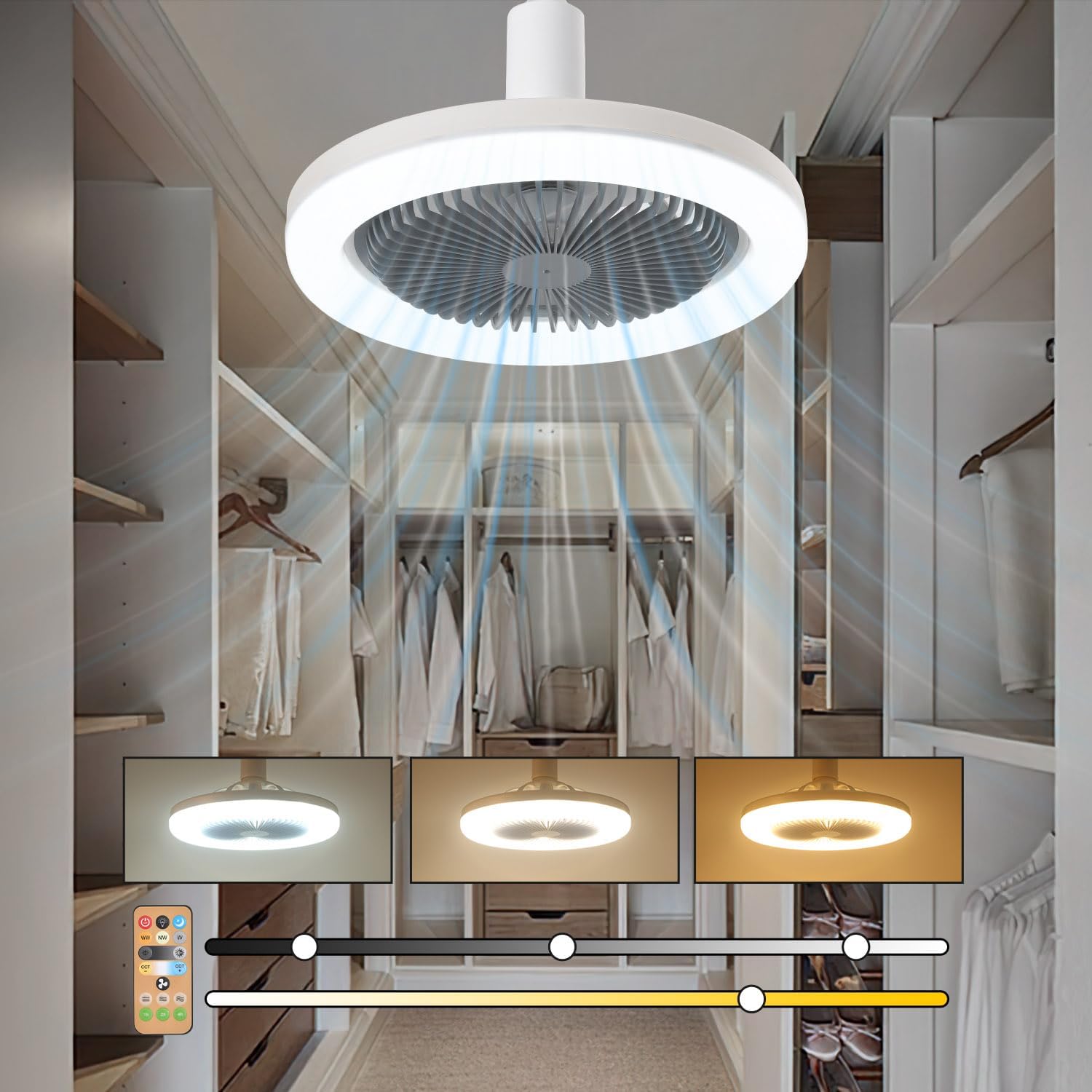 Socket Fan Light with Remote 10 Inch, Light Socket Fan 2,400 Lumen/6,500 Kelvin, Infinitely Adjustable, for Compact Spaces, Small Room, Walk-in Closet, Bathroom, Gazebo Gray