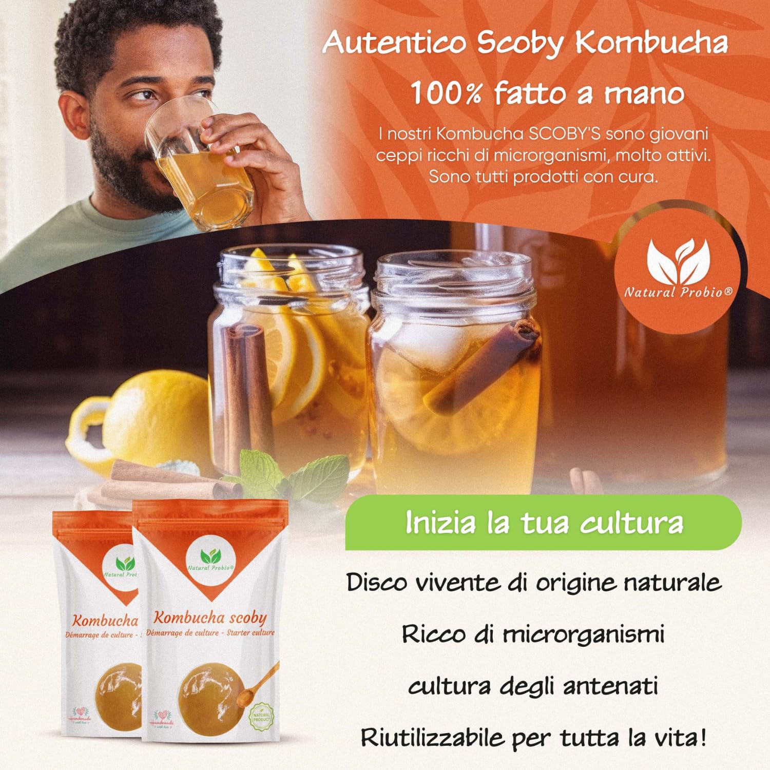 Natural Probio® Original Kombucha Scoby – Kit di avviamento per la coltivazione – Mere de Kombucha – Autentico ceppo + istruzioni complete, ricetta e consigli