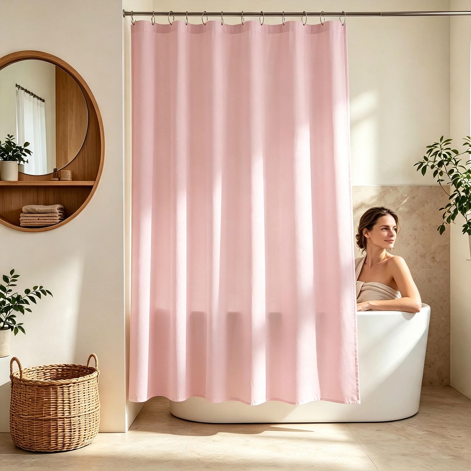 Rideau Douche Anti Moisissure 140 x 170 cm Imperméable Anti-Moisissures Polyester Rideau de Bain Tissu Modern avec Œillets et Crochets pour Baignoire, Salle de Bain, Rose