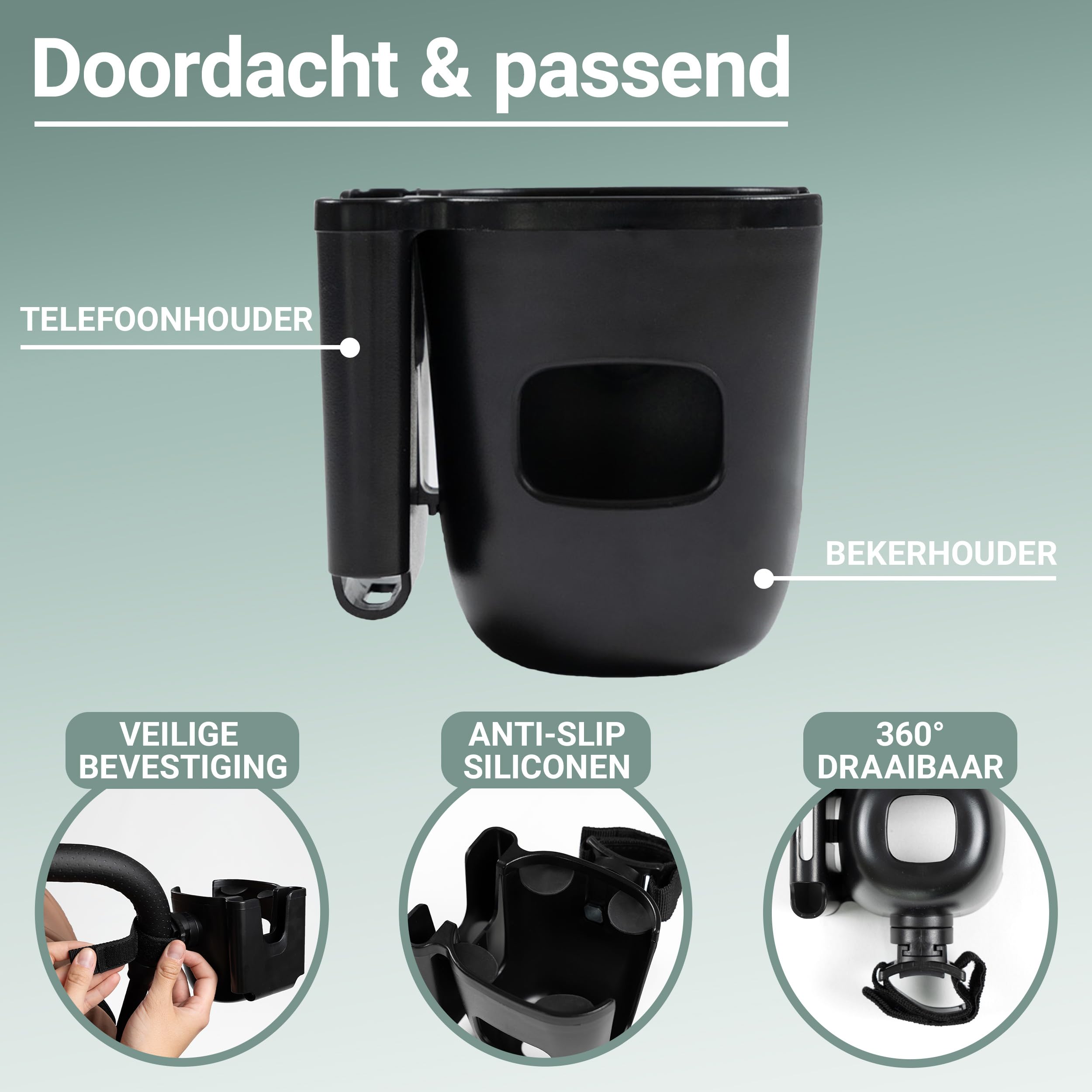 Zamboo Porta bottiglie Carrello con supporto per cellulare | Supporto per bevande universale 2 in 1 per bicchieri - Biberon e smartphone | Girevole a 360° | Facile da montare - Nero