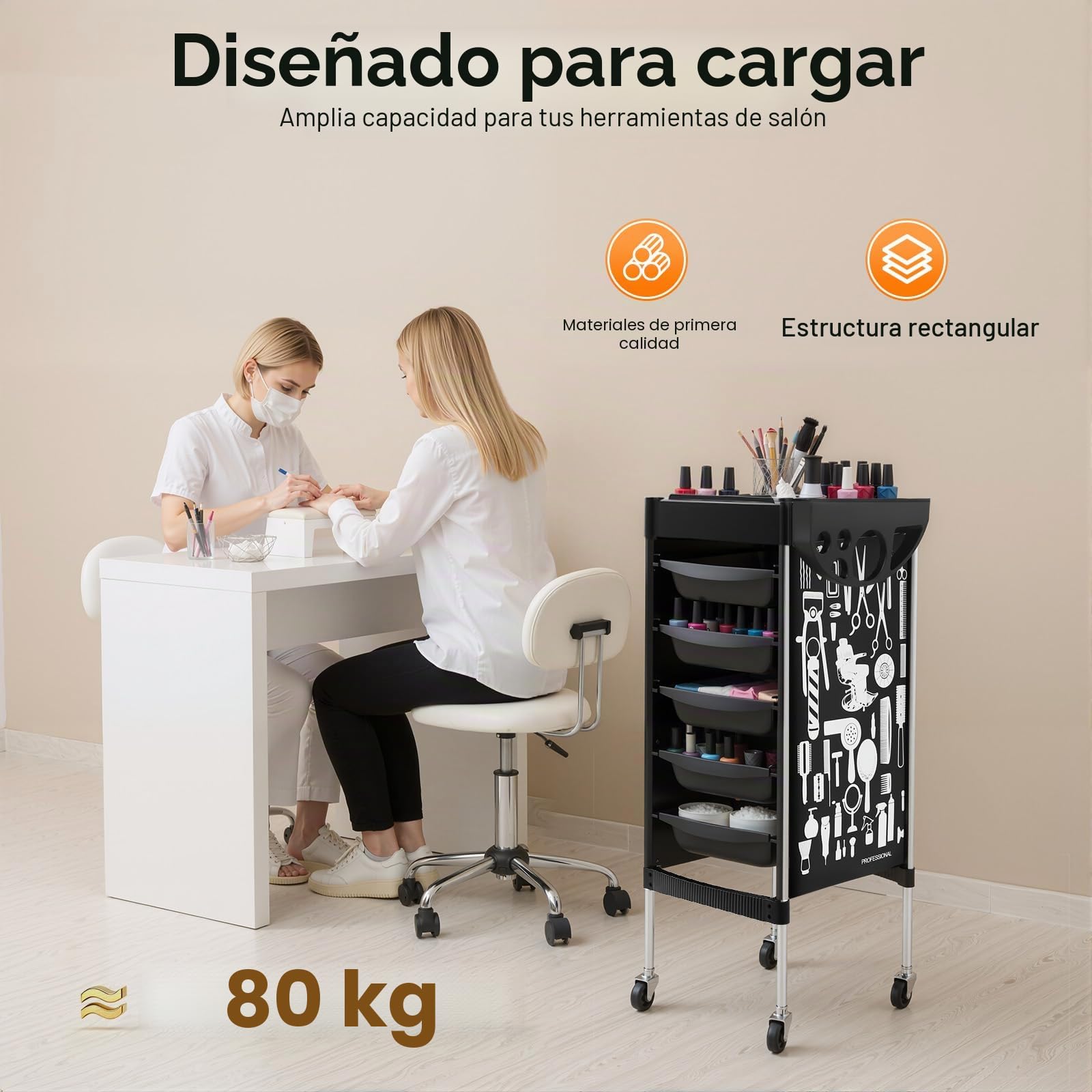 Carro de peluquería con 5 cajones y ruedas, capacidad de carga máxima de 100 kg, para salones de belleza, barbería, color negro
