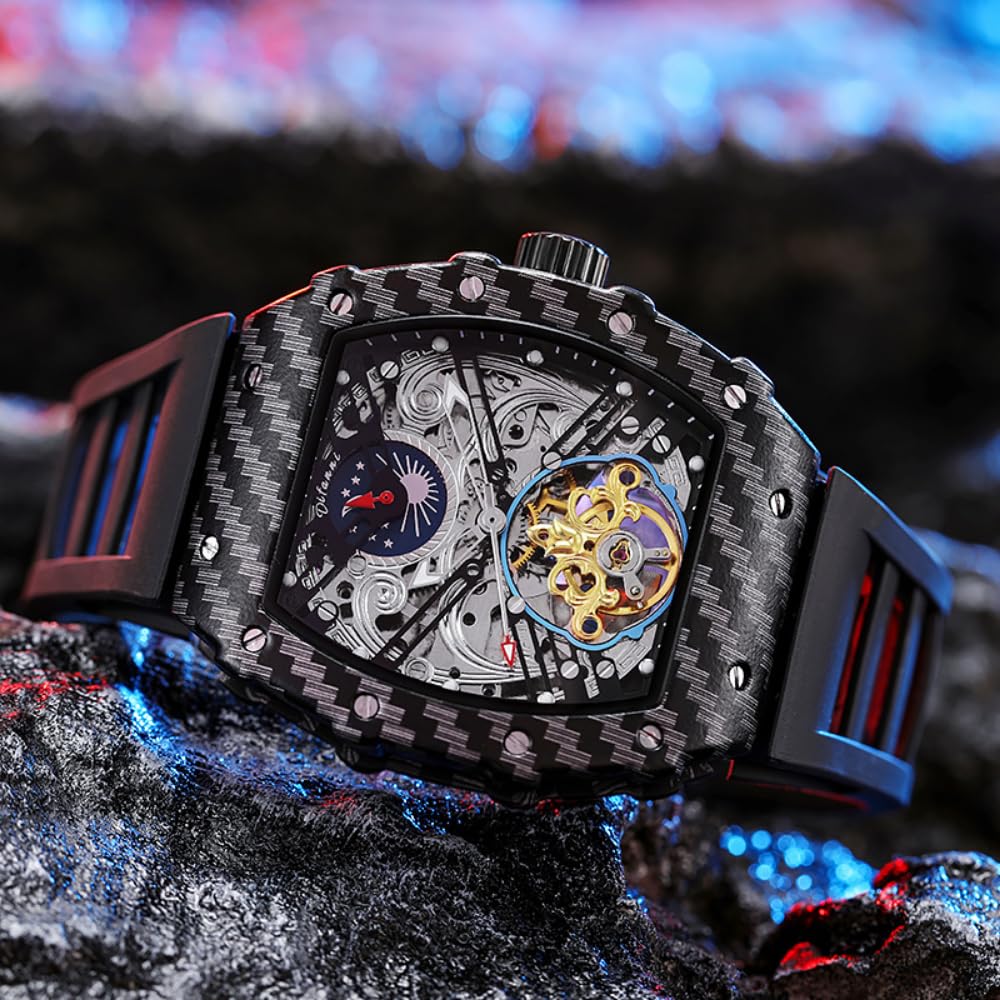 Męski czarny szkielet automatyczny zegarek mechaniczny luksusowy Tourbillon Hollow Vintage zegarki Tonneau cyferblat silikonowy pasek zegarek na rękę