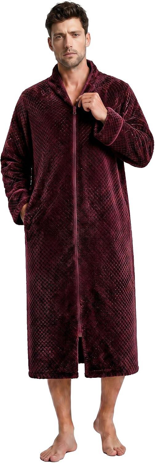 U2SKIIN Men's Fleece Robe, Soft Plush Zippered Bathrobe for Men with Pockets, Warm Fuzzy House Coat