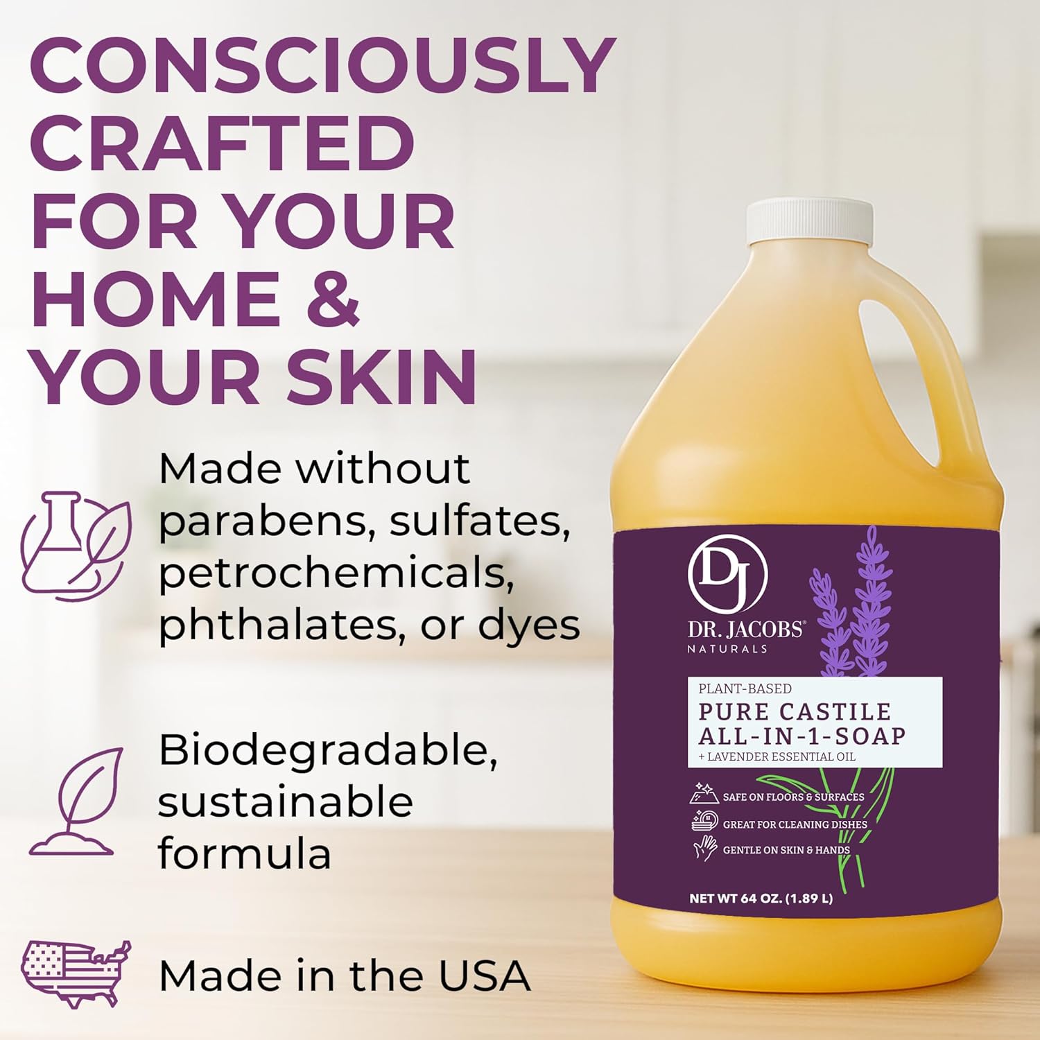 Dr. Jacobs Naturals Pure Castile Soap, 64 oz Value Size - Lavender - Made in USA - All-in-One Plant-Based Multipurpose Cleaner for Floors, Counters, Dishes & Laundry, Gentle on Skin, Biodegradable