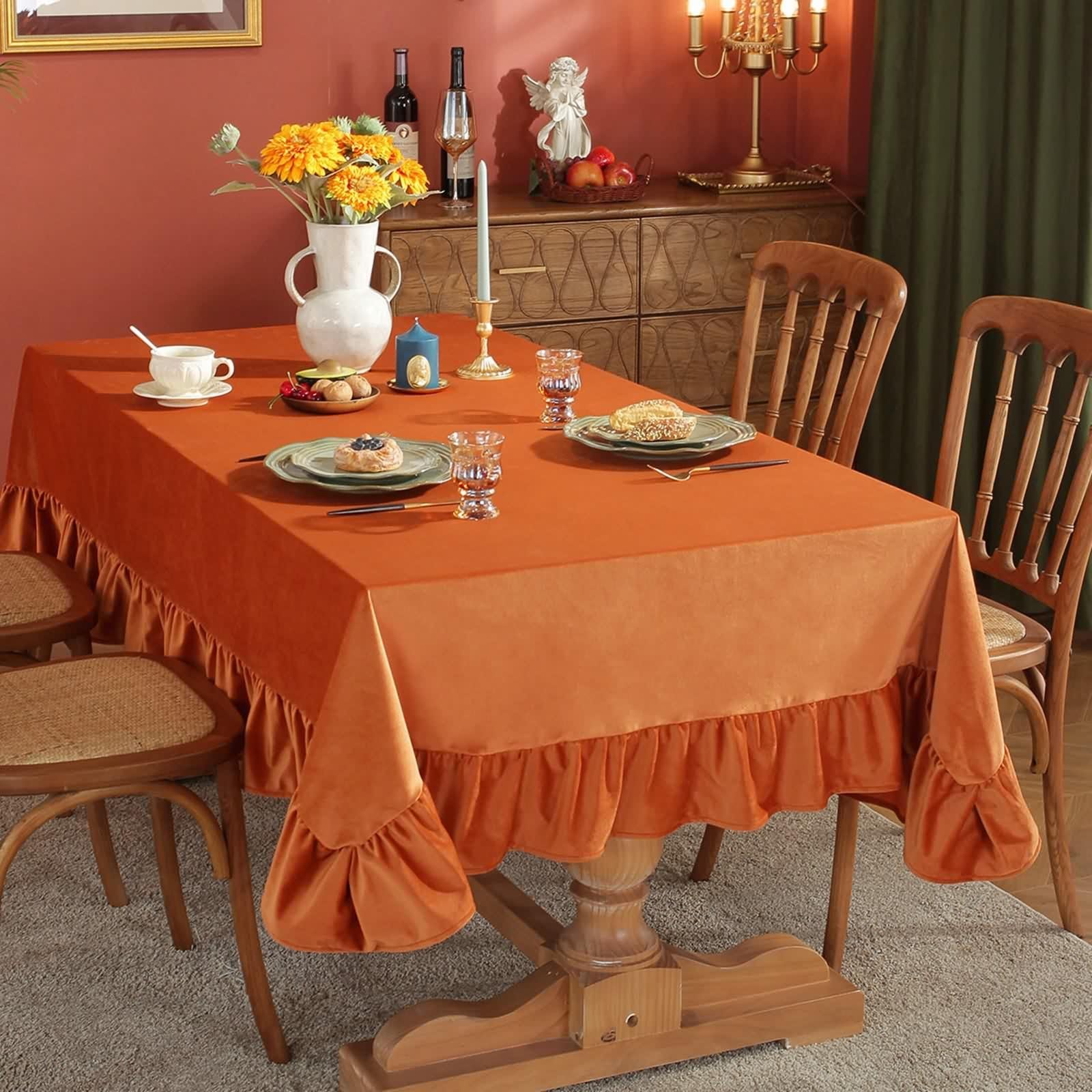Nappe rectangulaire orange 140x220 cm en coton et lin imperméable pour table de cuisine