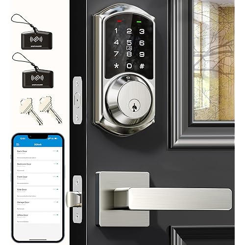 Veise VE06-L Smart Locks with 2 Lever Handle Set, App Control, Keyless Entry Deadbolt for Front Door, Electronic Digital Touchscreen Keypad, Auto Lock, Waterproof, Easy Installation, Satin Nickel