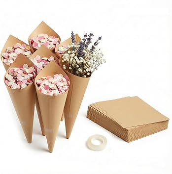 iplusmile 120Pcs Paper Cones for Wedding Confetti Petals, DIY Brown Flower Bouquet Holder with Tape, Wrapping Kraft Paper for Party Popcorn, Candy & Small Favors