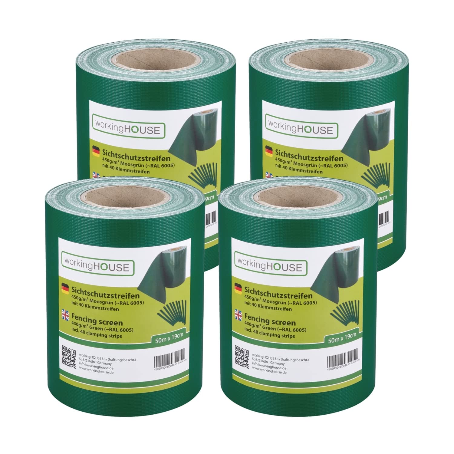 Workinghouse Telo Frangivista PVC 450g/m² – 4x50m, Verde | Per recinzione giardino, RAL 6005, Standard, resistente