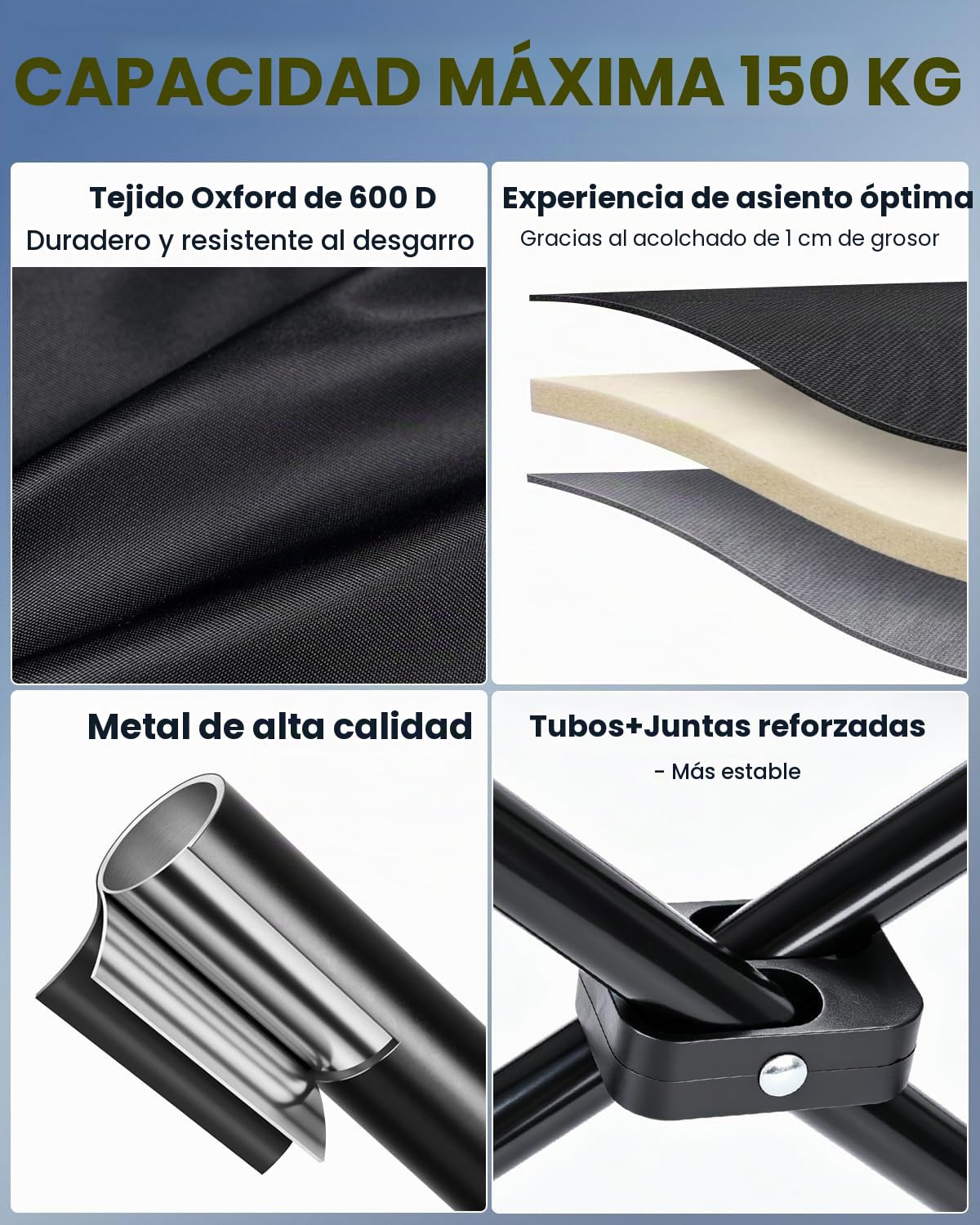 YEAUPE PRO Silla de Camping Plegable, Sillas de Pesca, hasta 150 kg, XL | Respaldo Alto, con Portavasos y Bolsa de Transporte, Silla Exterior para Camping, Playa, Jardín y Pesca