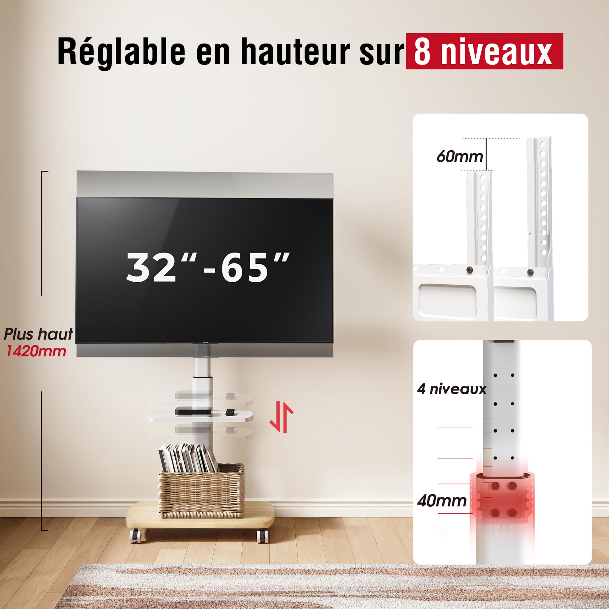 AOKCOS Support TV roulettes pour TV de 32-65 Pouces - Support TV sur Pied Plus Haut 1240 MM-1420 MM Pivotant 60° Inclinaison 12° jusqu'à 40 KG Max. VESA 400x400mm