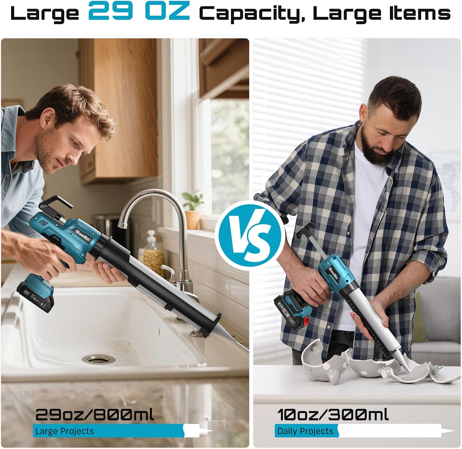 SEESII Electric Caulking Gun 29oz, Cordless Caulk Gun with a 2000mAh Battery, Stepless Speed, Anti-Drip, Led Light, Battery Powered Caulking Gun for Filling, Sealing (Sky Blue)