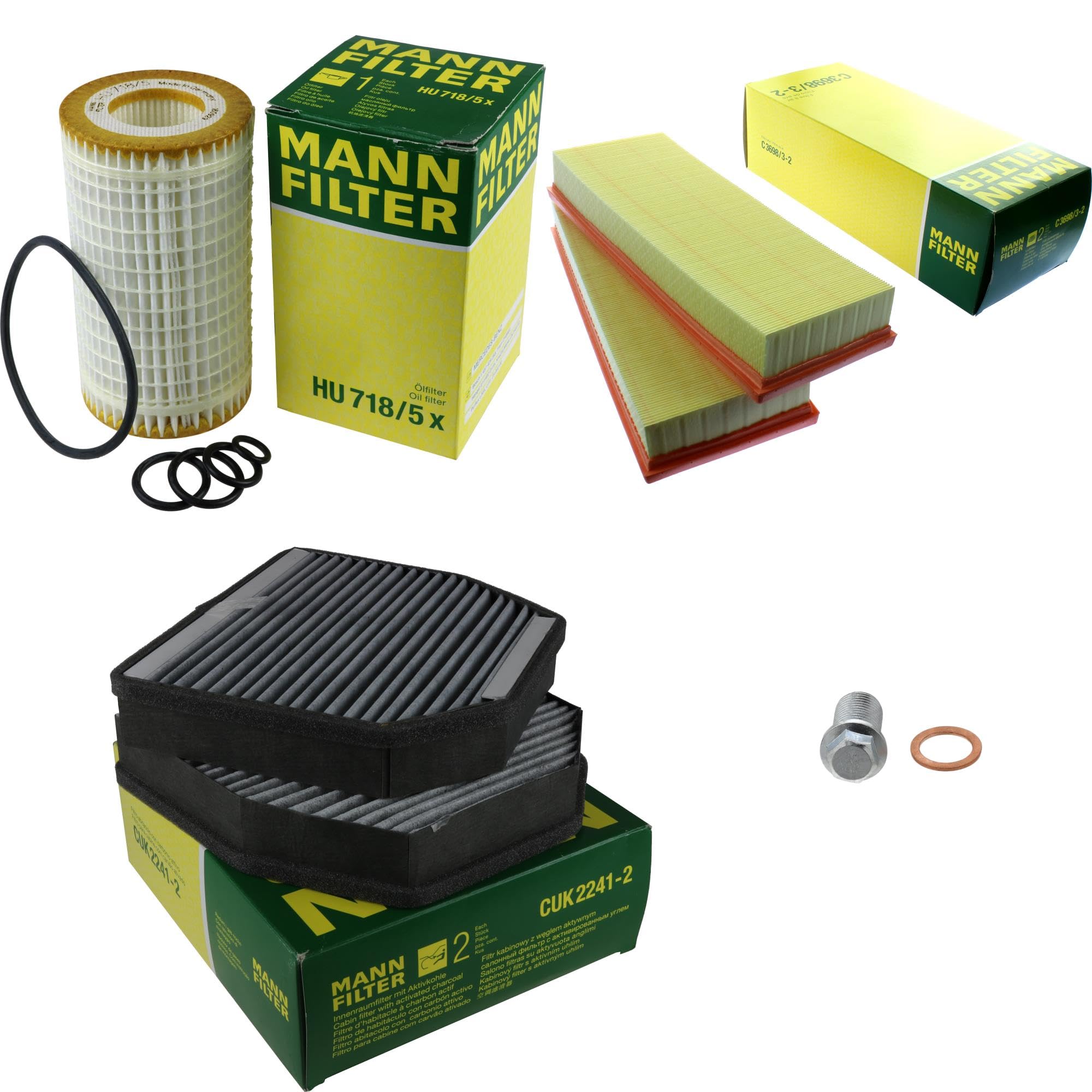 Paquete de inspección Kit de mantenimiento de filtros con filtro de aceite HU 718/5 x, filtro de aire C 3698/3-2, filtro de habitáculo CUK 2241-2, tornillo de cierre