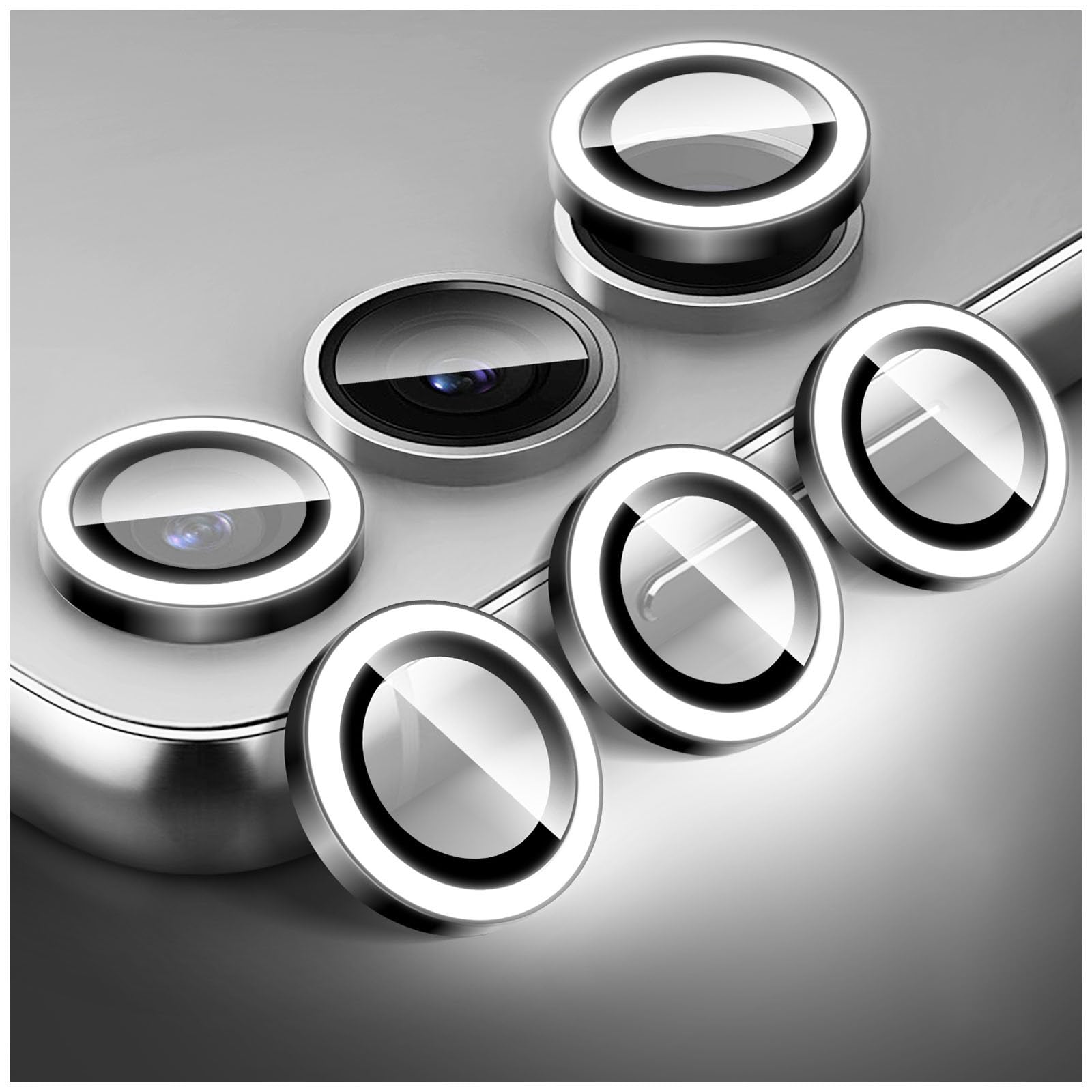 Kucheed Luminous Camera Lens Protector for Samsung Galaxy A15, Colorful Noctilucent Tempered Glass Camera Cover Screen Protector, Automatic Alignment Aluminum Alloy Rings