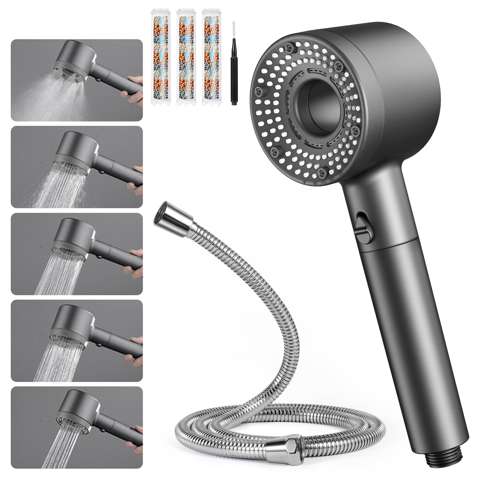 Blendura Soffione Doccia, Doccino per Doccia Alta Pressione Risparmio Idricocon con1.5m Tubo Doccia, Doccetta per Doccia con 5 Modi Funzione con 3 Filtro, Grigio