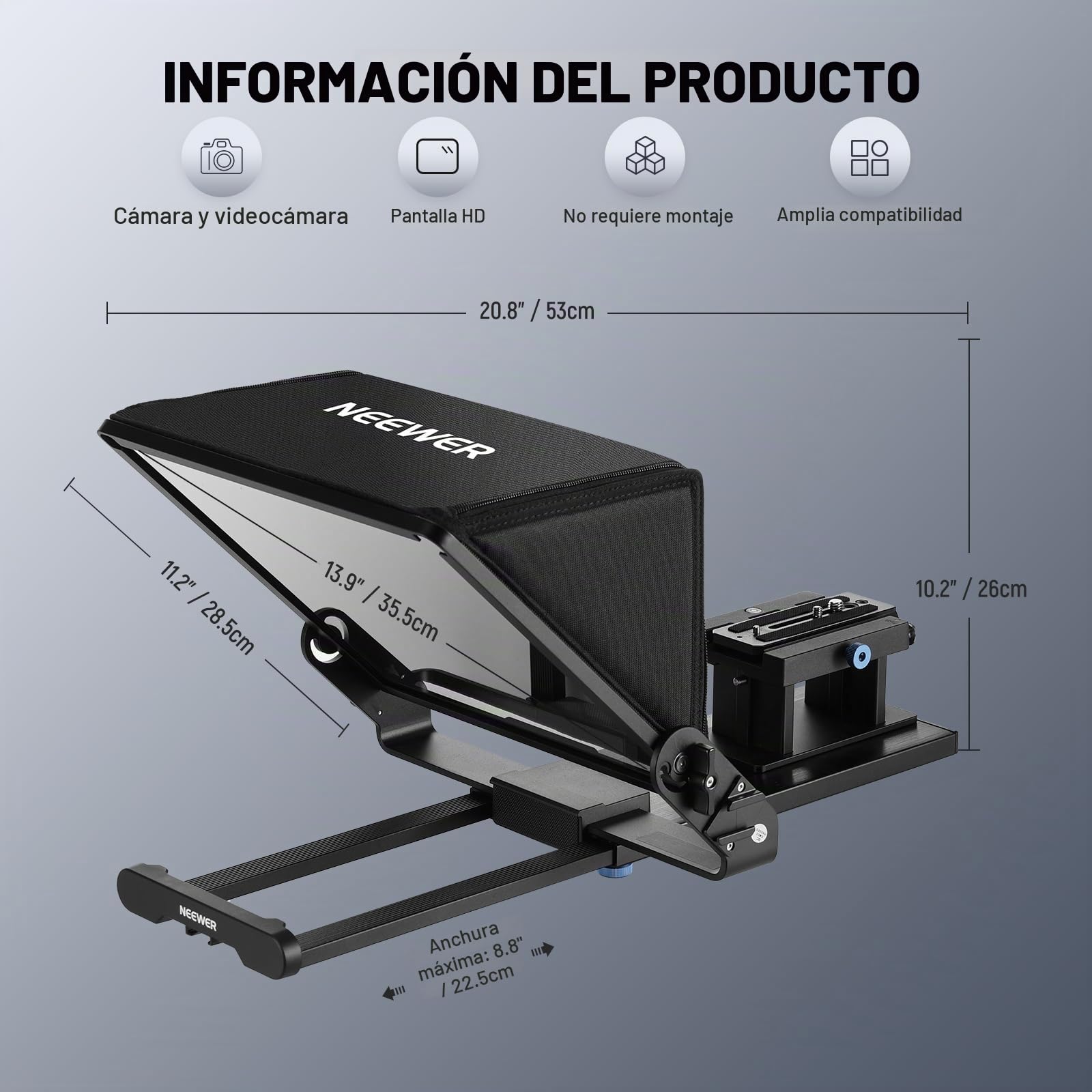 NEEWER Teleprompter X14 III con RT113 Remoto/App Control,45° Tilt 14" Divisor de Haz, Marco Total Mtálico Montaje Cámara Mejorado, Placa QR Compatible con 501PL para iPhone iPad DSLR, sin Ensamblaje