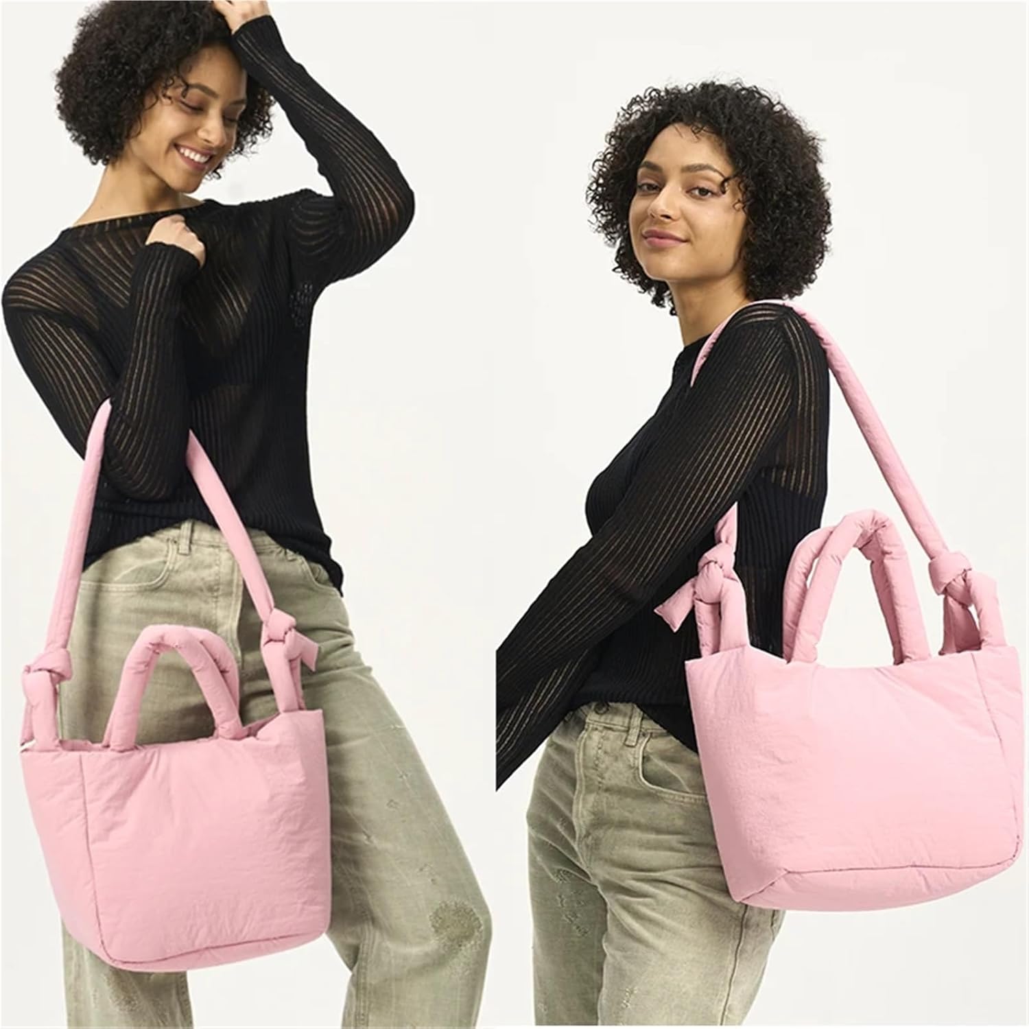 Casual Large Capacity Puffer Bag Women Shoulder Bags Nylon Padded Lady Handbags Big Tote Bag for Work Travel Gym(Black)