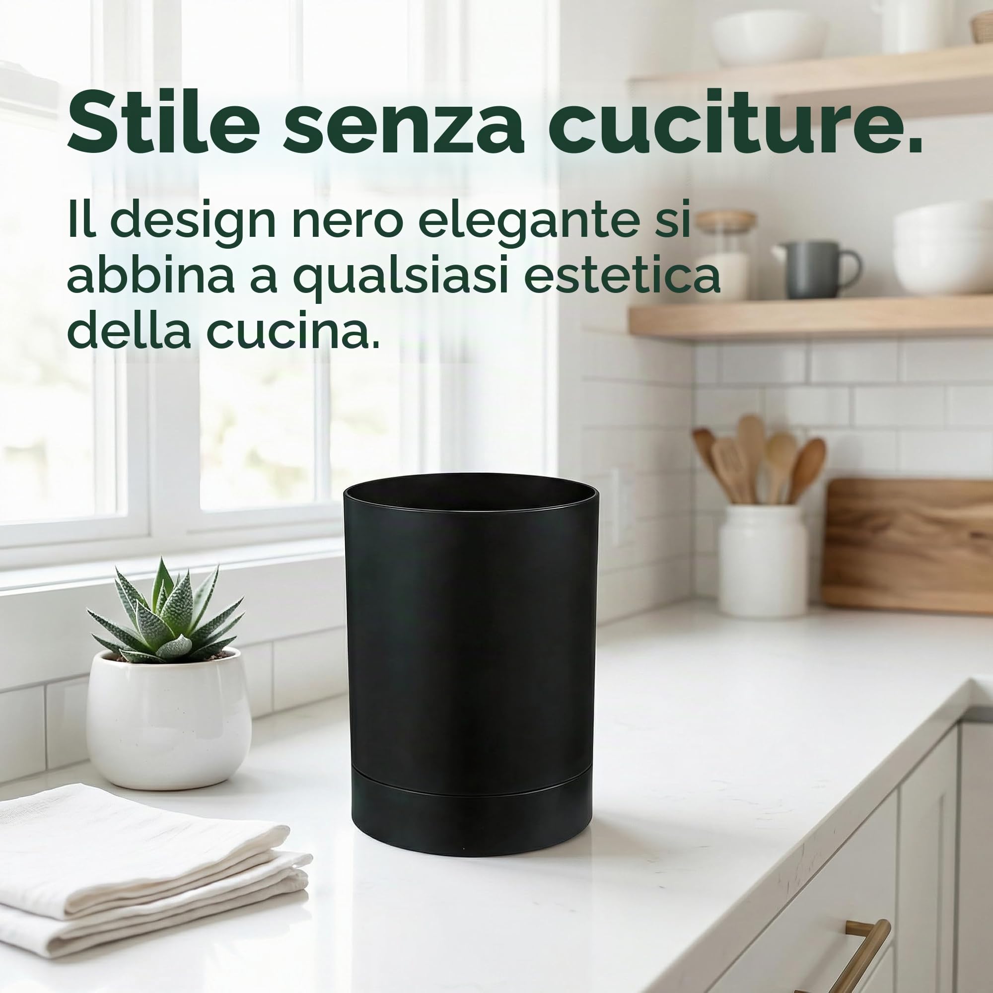 Portautensili da Cucina Moderno, Organizer per Utensili da Cucina 16.5 * 14.5cm, Portautensili Girevole a 360°, Contenitore per Utensili Nero con Base Antiscivolo, Organizzatore per Spatole