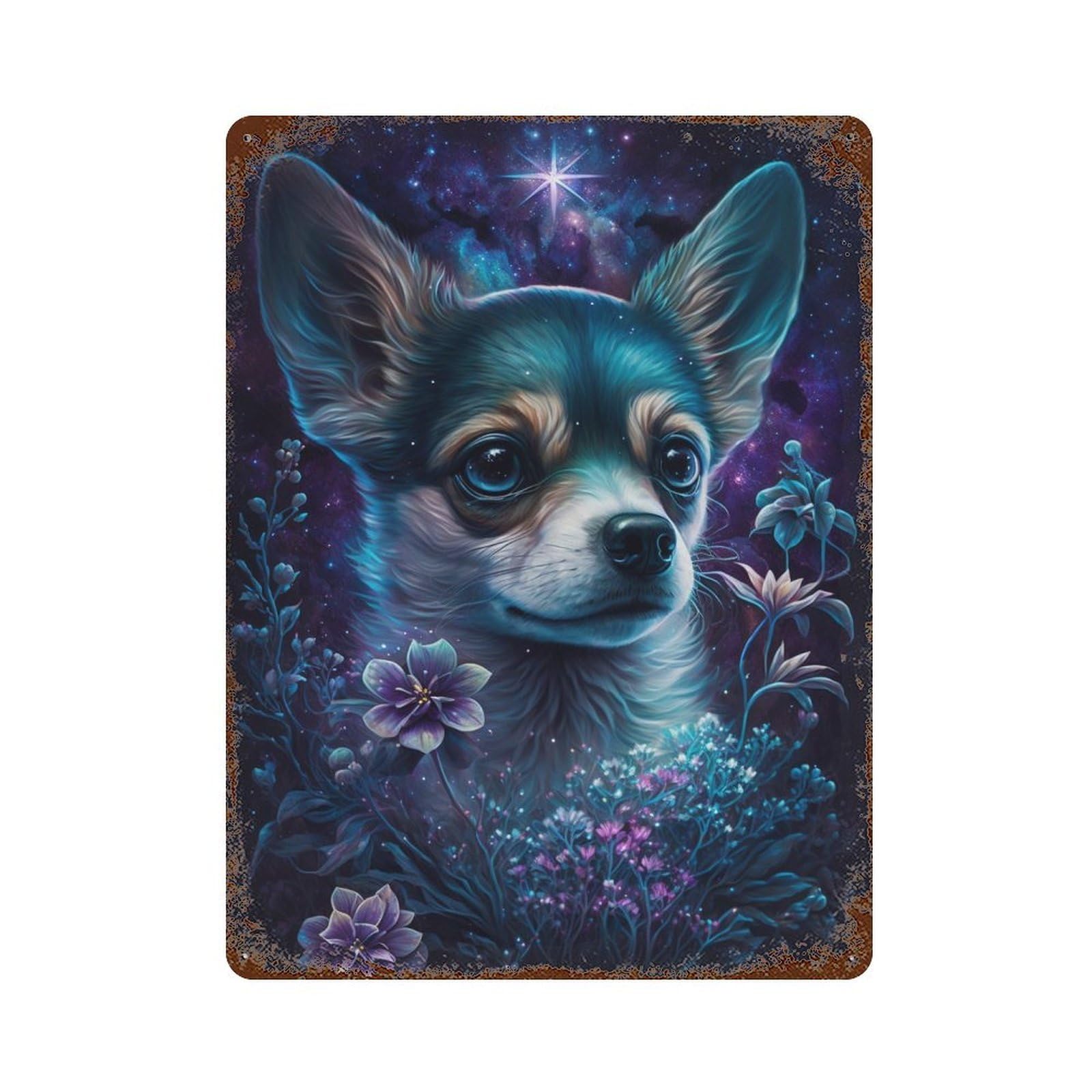 Decorative Tin Sign with Galactic Chihuahua with Flowers -1 Design 15.7"x11.8", for Farmhouse, Kitchen And Entryway Decor, Decorative Metal Wall Art