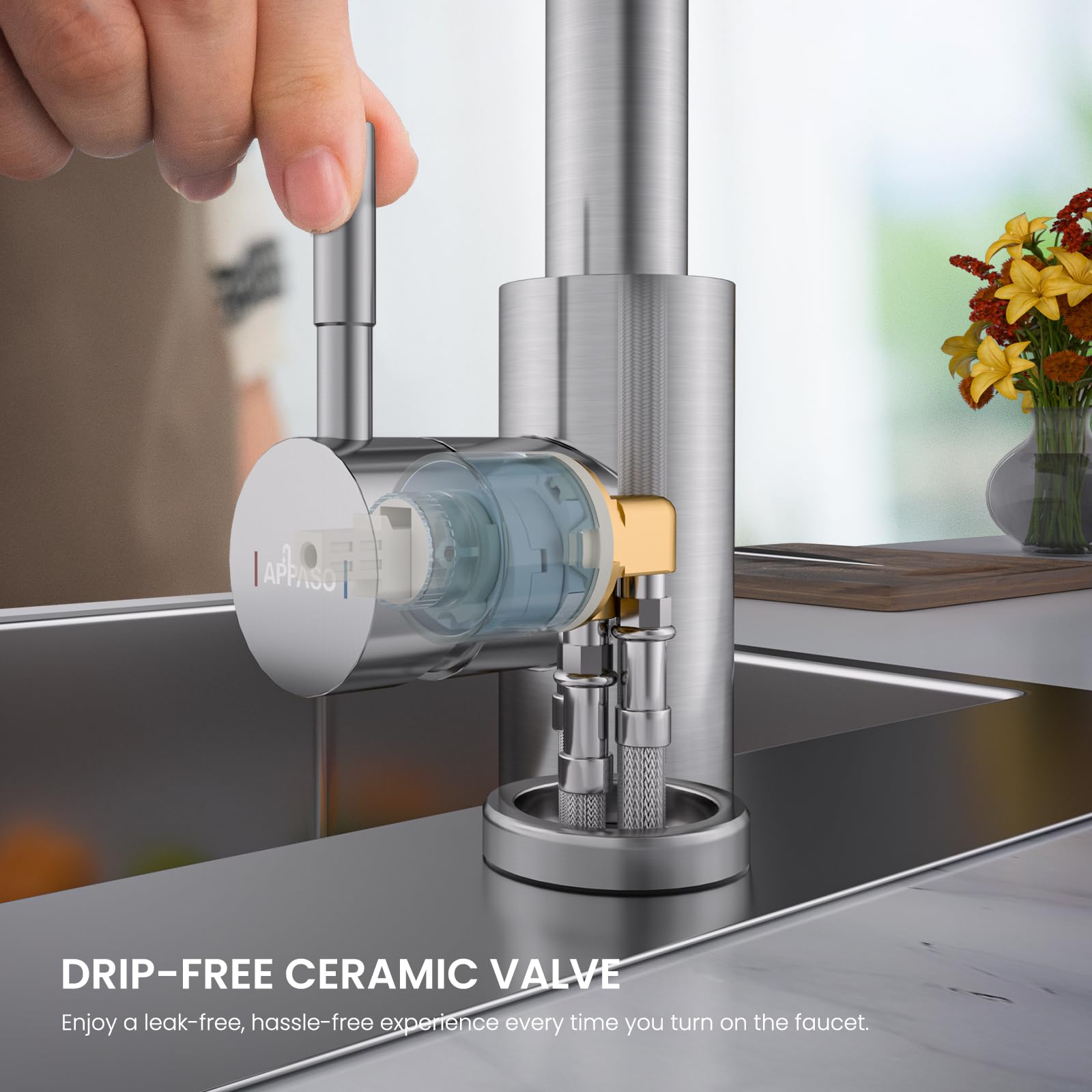 APPASO Grifo Cocina Waterfall, Grifo de cocina de alta presión, Grifo de cocina extraíble con 3 tipos de chorro giratorio 360°, Acero inoxidable Cepillado