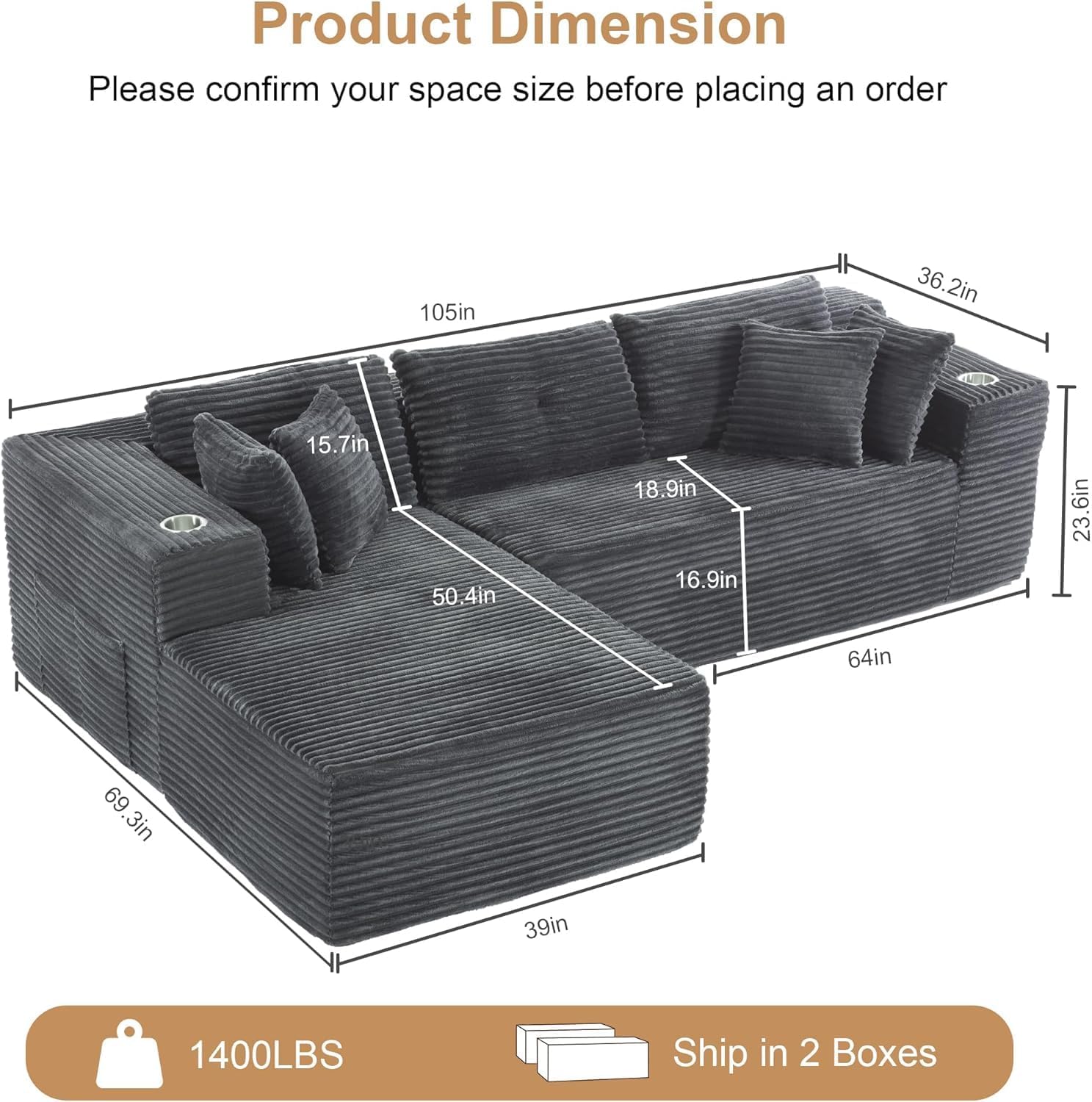 Modular L-Shape Sectional Sofa 108" Deep Seat Memory Foam Grey Black No Assembly