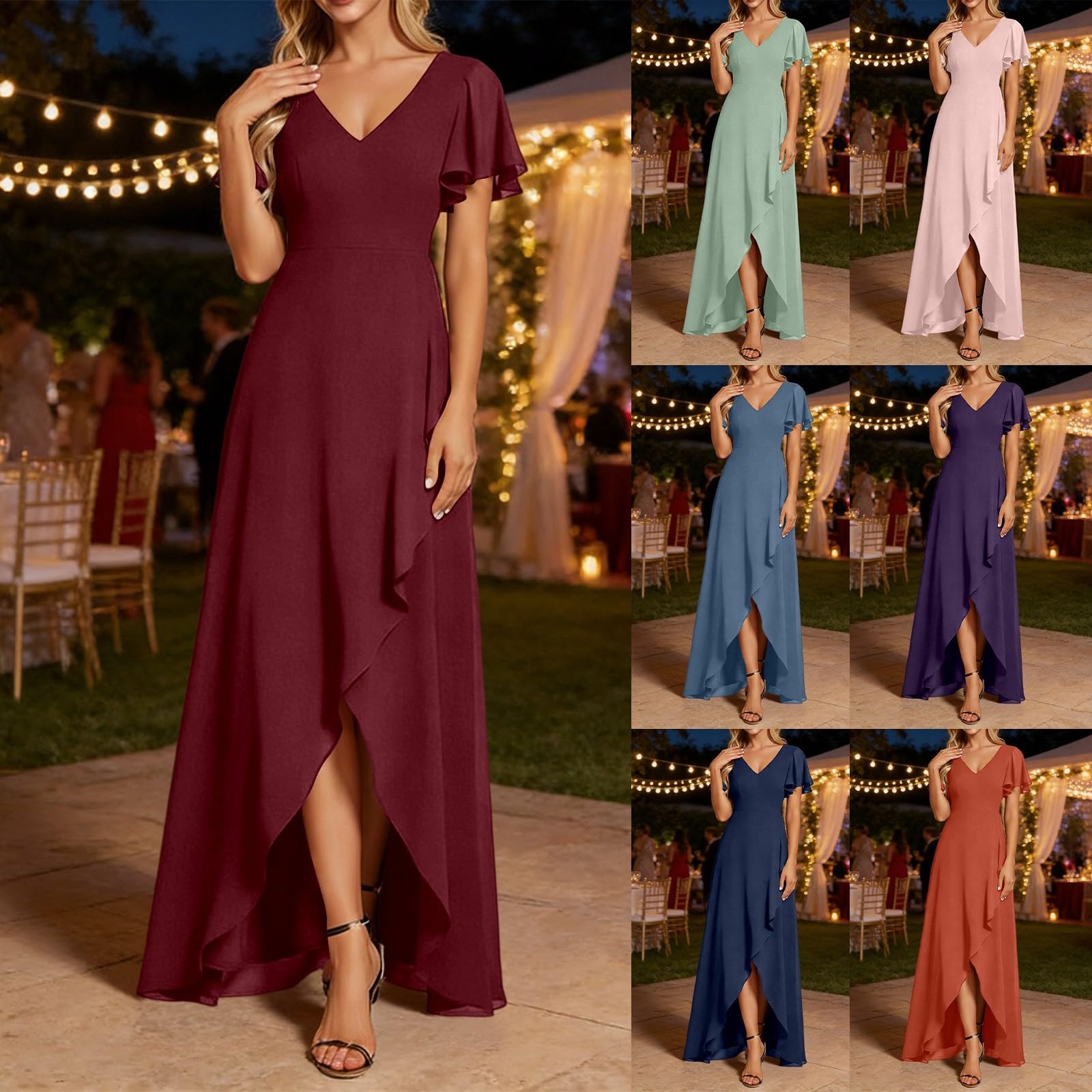Abito estivo da donna, in chiffon, girocollo, lunghezza al ginocchio, abito da sera, corto, linea A, per il tempo libero, elegante, mini abito da festa