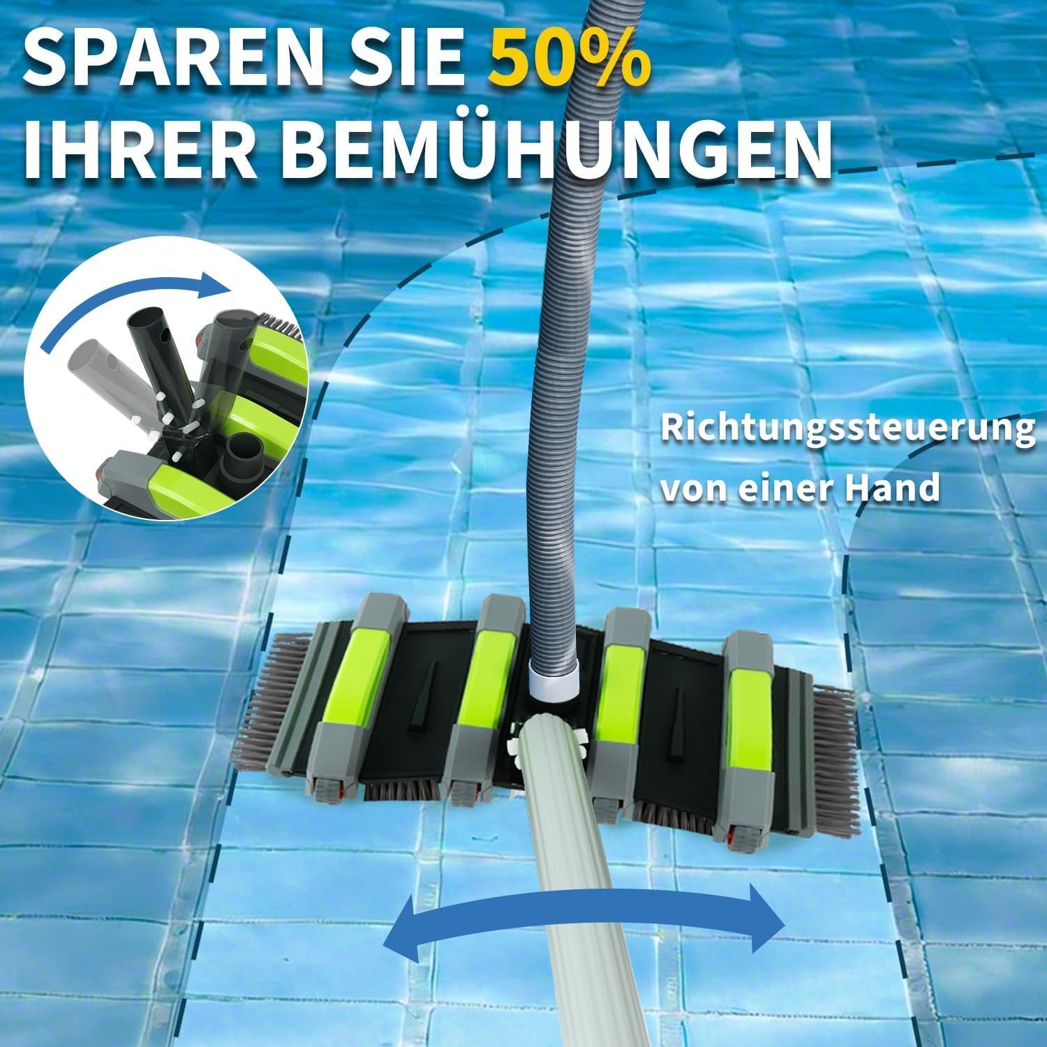 Poolbürste mit Sauganschluss, 45cm Robuster Pool Bodensaugerbürste mit Rädern, Poolsauger Bürste Flexible mit Seitenbürste und Bodenbürstenkopf, Pool Bürste Sauger Passend für 3,2cm&3,8cm Schläuche
