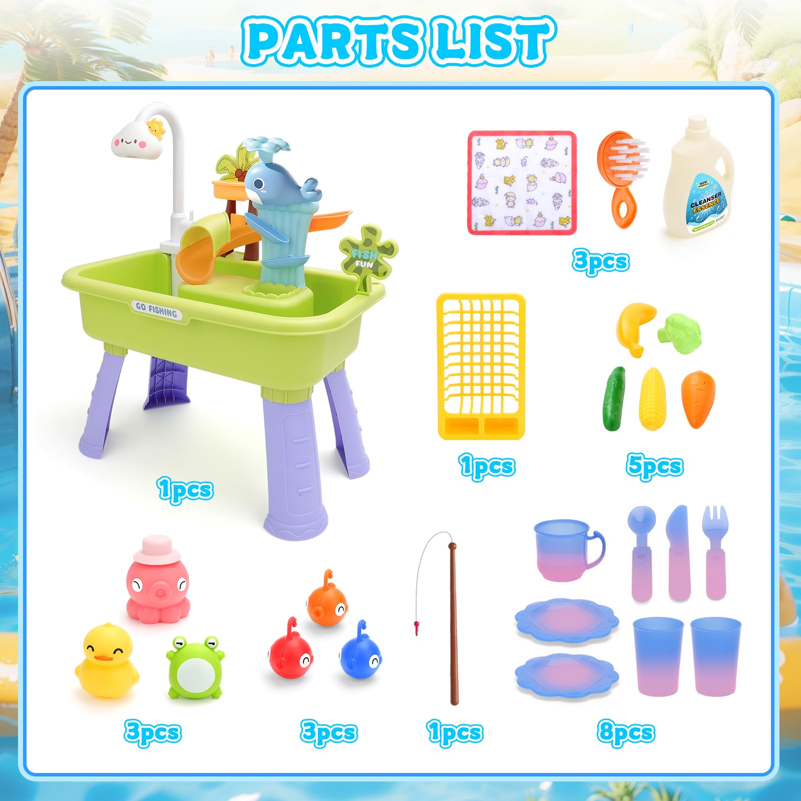 deAO 4 IN 1 Juego de Mesa de Arena y Agua, Multifuncional Electrico Fregadero Cocina Juguete, Pesca, Vajilla que Cambia de Color, Accesorios de Cocina, Juguetes para Exterior Regalo para Niños 3+ Años