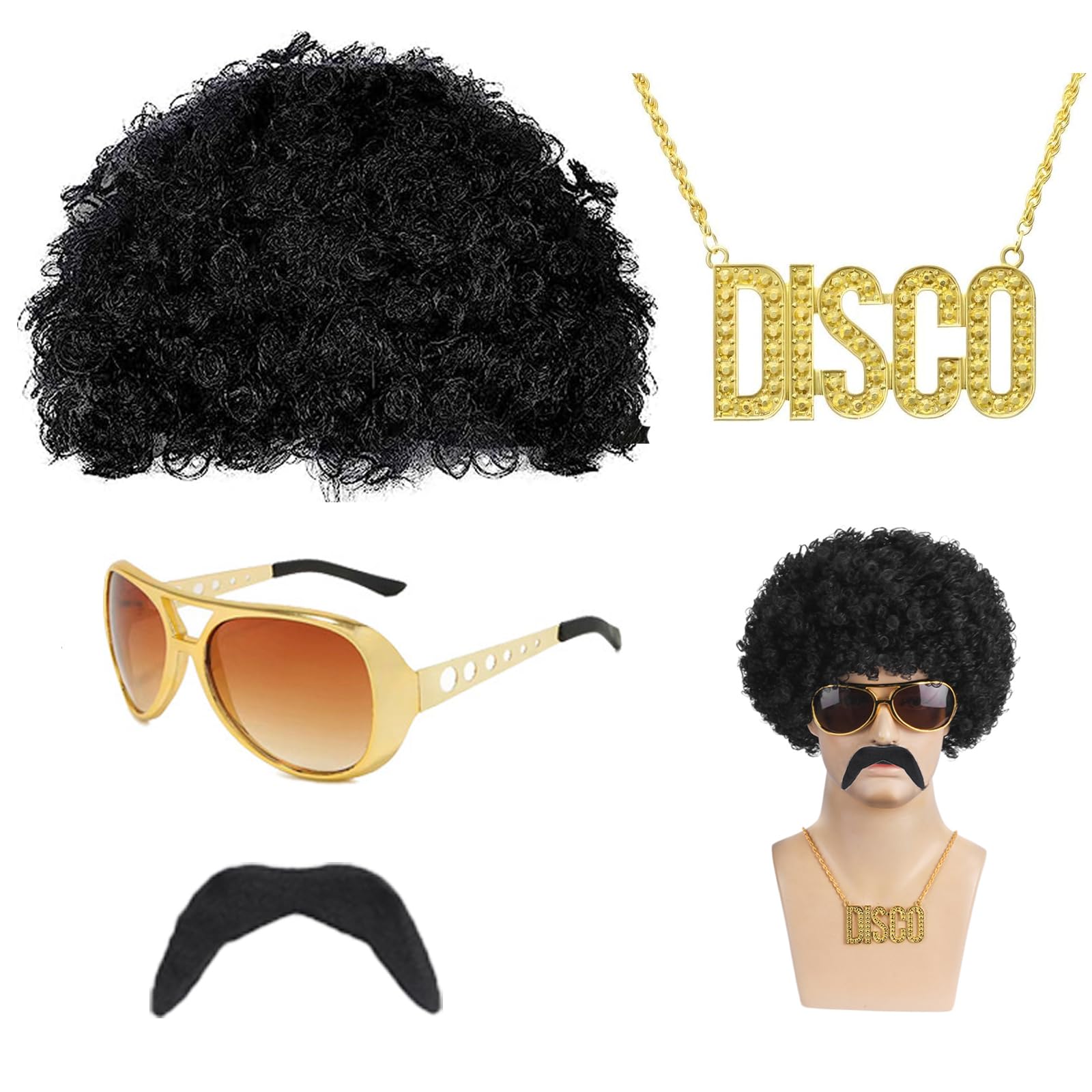 ATSNOSH 4 Pcs Disco Hippie Costume, Rock Star Wig Set, 70s 80s Costume Accessories for Men Women, Hippie Fancy Dress Accessories, Funky Afro Wigs, for Halloween Disco Themed Party (4 Pcs)