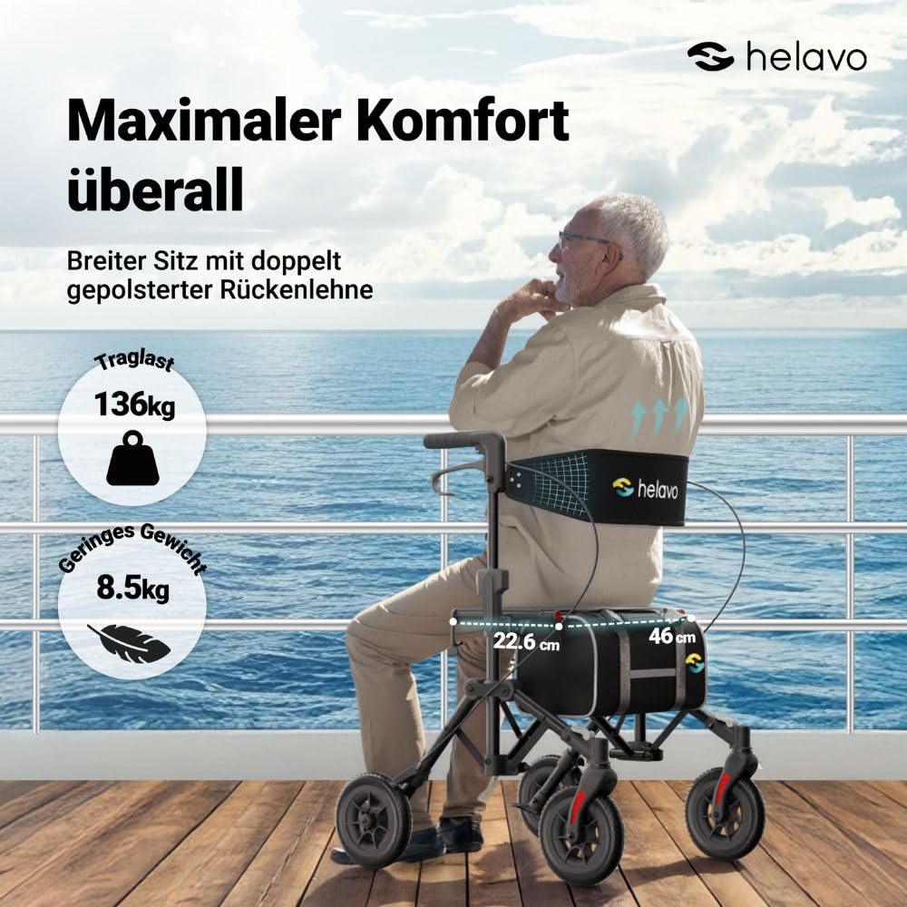 Helavo leichter Reiserollator mit Sitz & platzsparendem Klappmechanismus | Einfacher Transport dank ultrakompakter, doppelter Faltfunktion - Inkl Transportrucksack - Vollständig Aufgebaut - Nur 8,5 kg