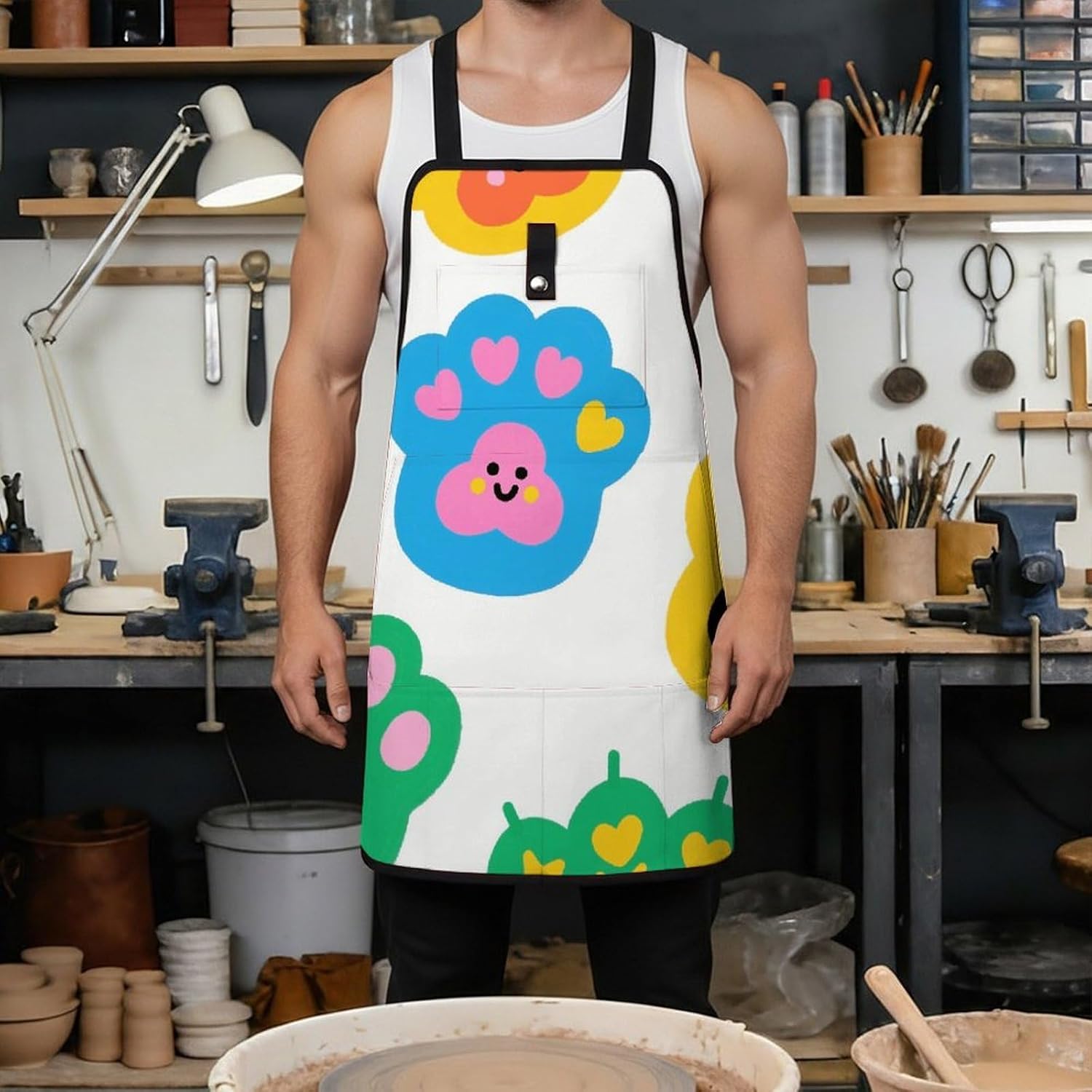 Colorful Doodle Cute Paw Print Tool Apron for Men Women Fully-Adjustable Work Apron with 8 Tool Pockets Heavy Duty Workshop Bib Aprons for Carpenter Woodworker Blacksmith Welder Cobbler Butcher image 4
