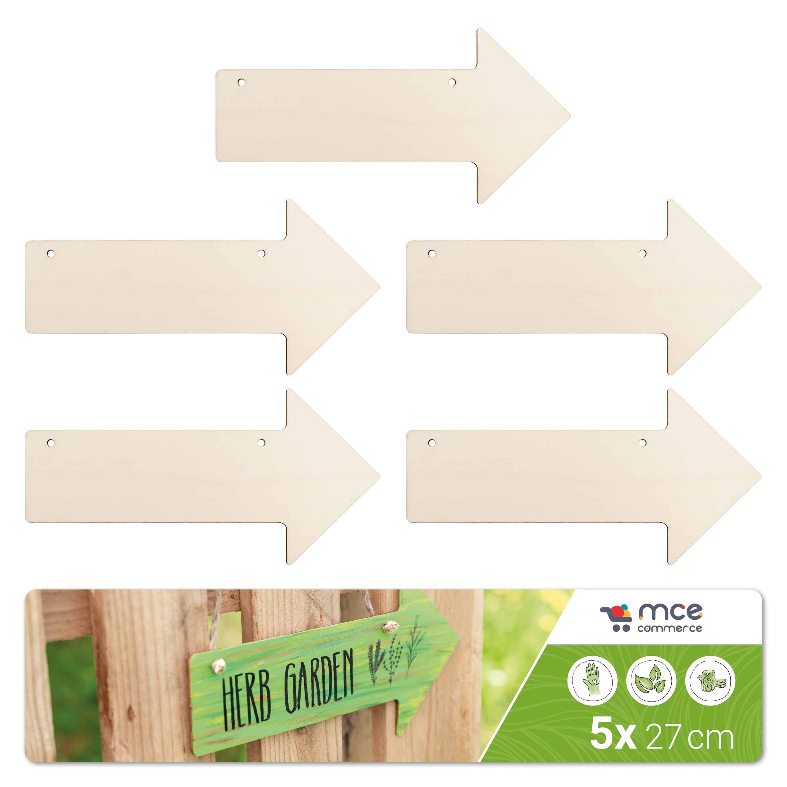 Mce-Commerce Natural Wooden Sign Arrow Signpost 27 X 13 Cm Pack Of 5