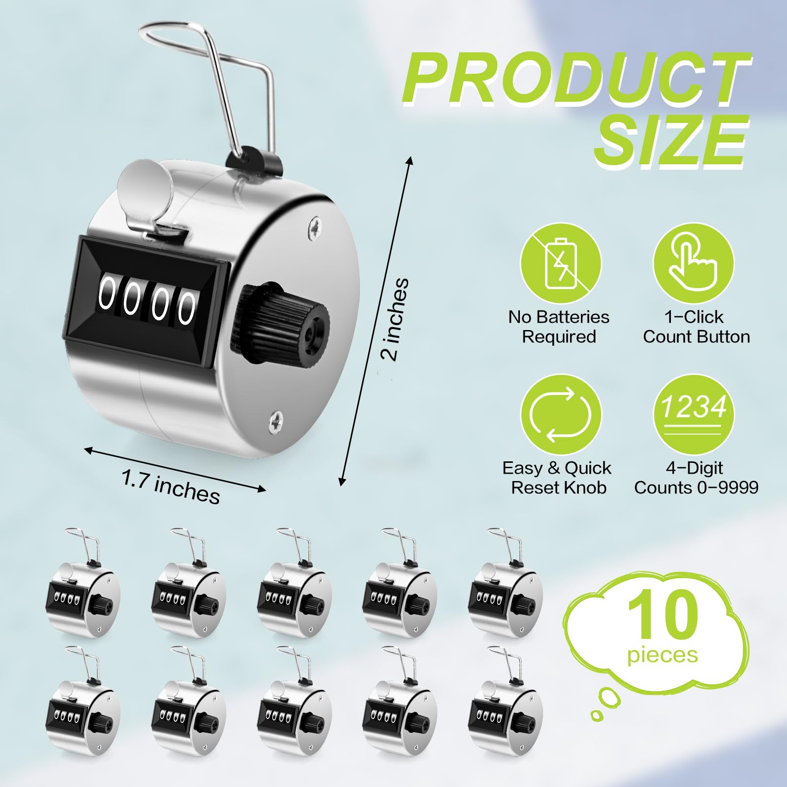 PLUVAVA 10 Pieces Metal Clicker Counter 4 Digit Number Handheld Tally Counter Silver Handheld Manual Counter Pitch Clickers for Counting School Golf Coaching Sports Knitting Events (10 PCS)