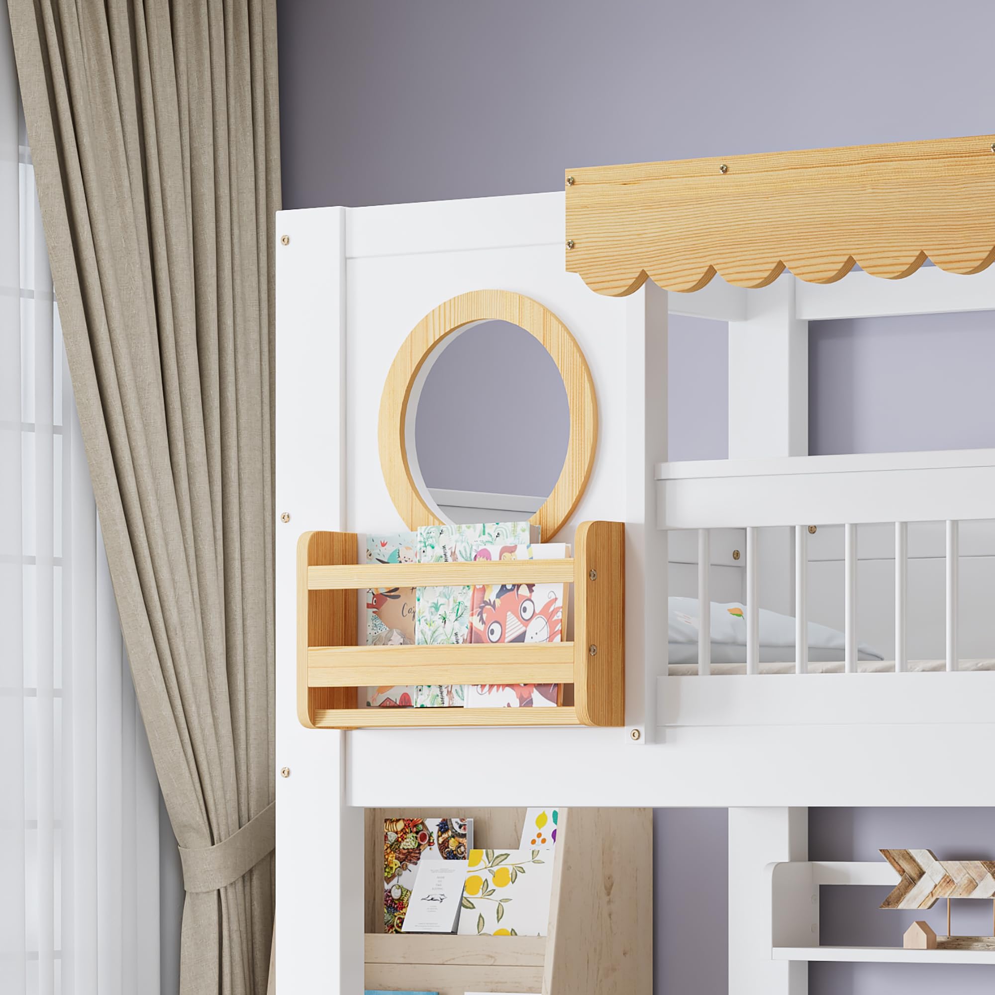 Dolamaní Cama infantil litera, 90 x 200 cm, litera para 2 niños y 2 cajones con ruedas, cama de casa con espacio de almacenamiento, escalera de madera de pino MDF, cama para niñas (sin colchón