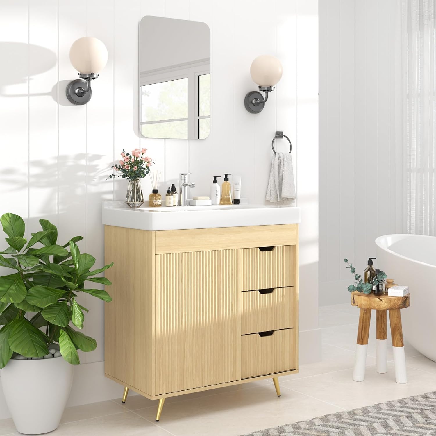 Bathroom Vanity with Sink, 31'' Bathroom Sink Cabinet with Glide Door and 3 Drawers, Ceramic Sink Vanity Modern Minimalist Striped Design, Mirror, Faucet & Drain Included (Natural)