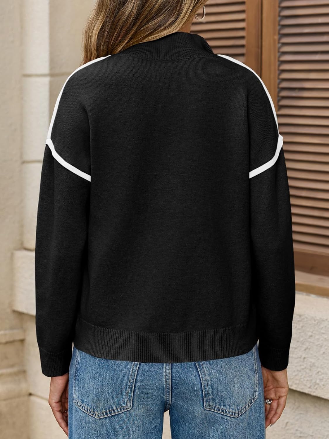 Saodimallsu Womens Quarter Zip Pullover Sweaters Casual Collared V Neck Color Block Long Sleeve Loose Knit Fall Sweater - Image 5