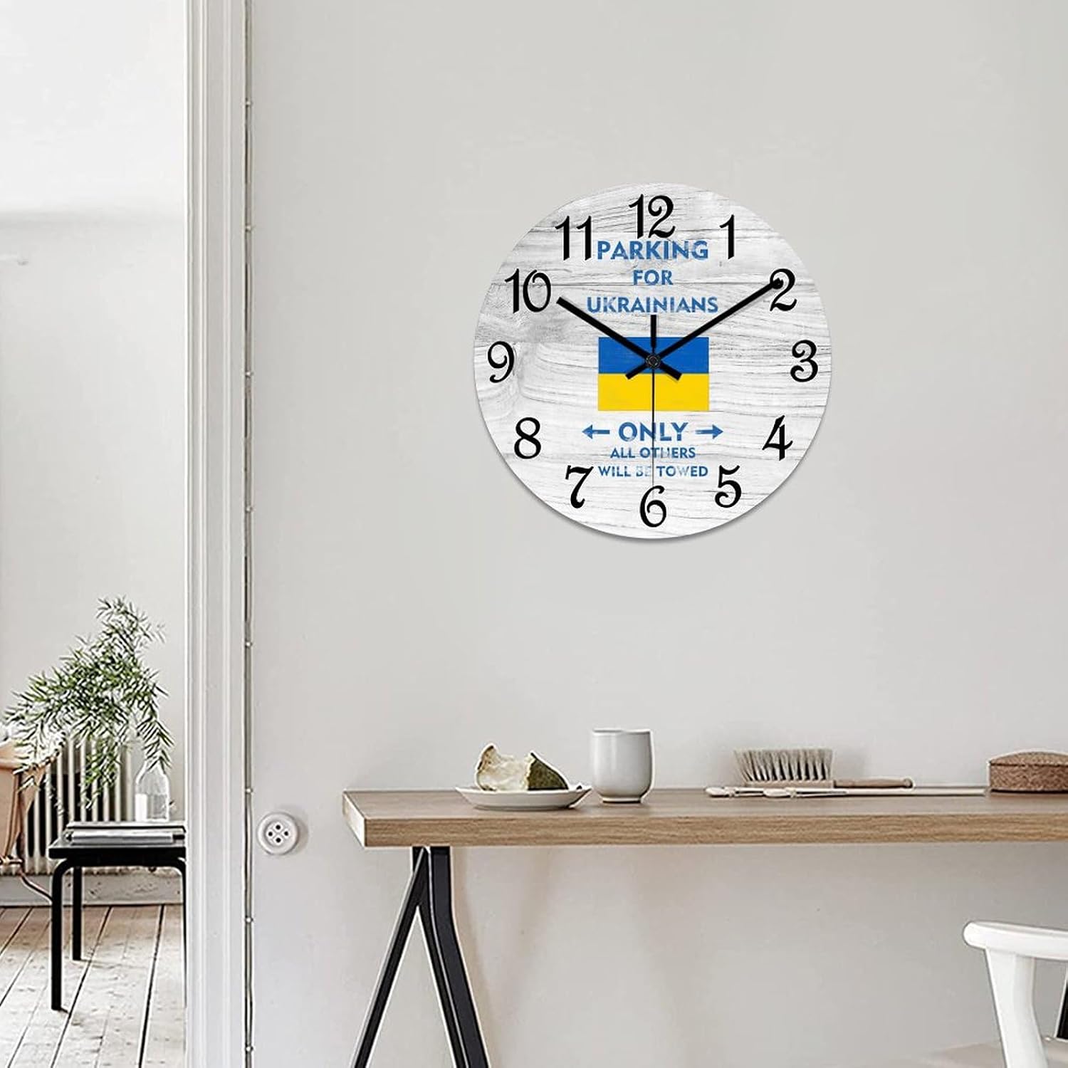 Ukraine Flag Wall Clock Parking for Ukrainians Only All Others Will Be Towed Operated Silent Non-Ticking PVC Clock 15x15 Inch for Home Kitchen Bathroom Bedroom Living Room Decor