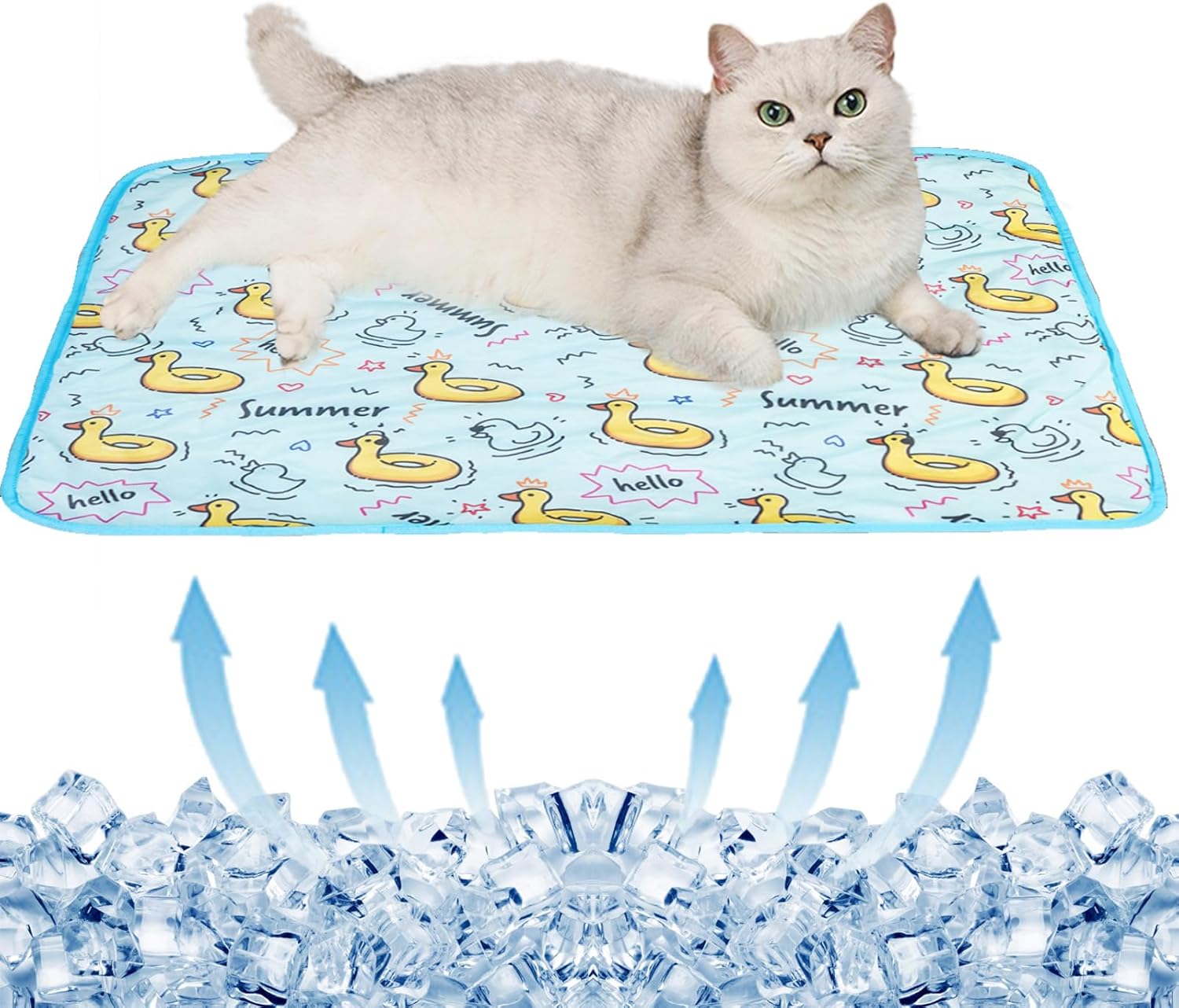 BAMY Cat Cooling Mat Summer Dog Silk Pad Self Cooling Cushion Washable Kitten Ice Blanket with Duck Strawberry Pattern (Blue Duck, S (19.7″x15.7″))