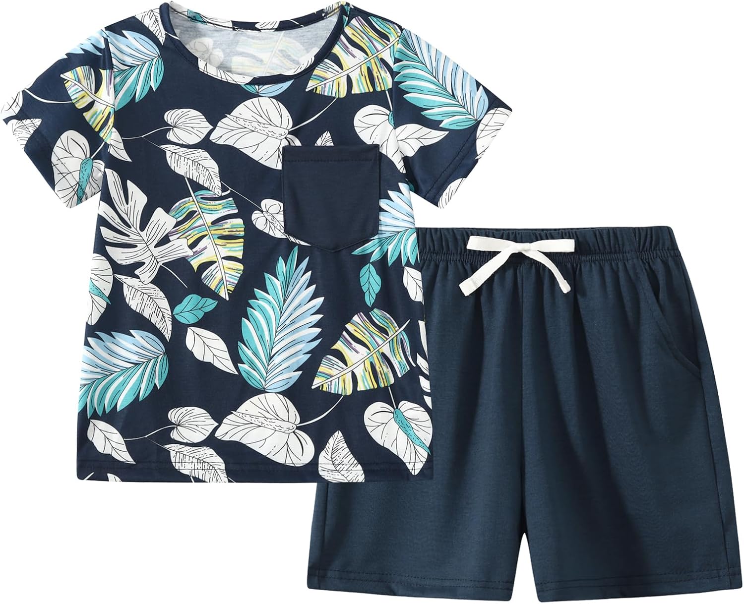 Boy Shorts Sets Summer Hawaii Outfit Palm Print Short Sleeve T-Shirt and Drawstring Cotton Shorts with Pockets